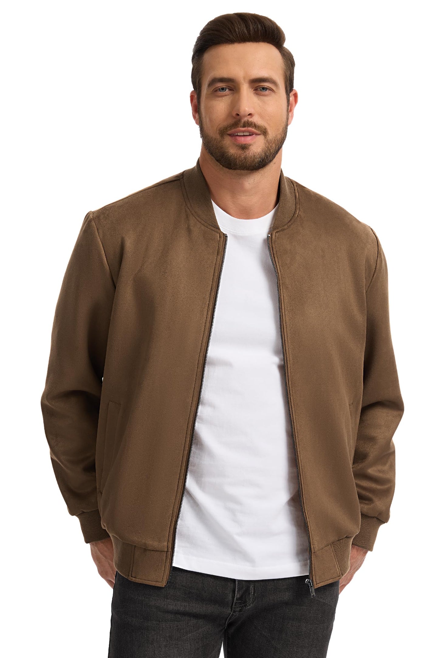 Fahsyee Men's Faux Suede Bomber Jacket, Casual Lightweight Varsity Style Full Zip Up Leather Coat Brown L