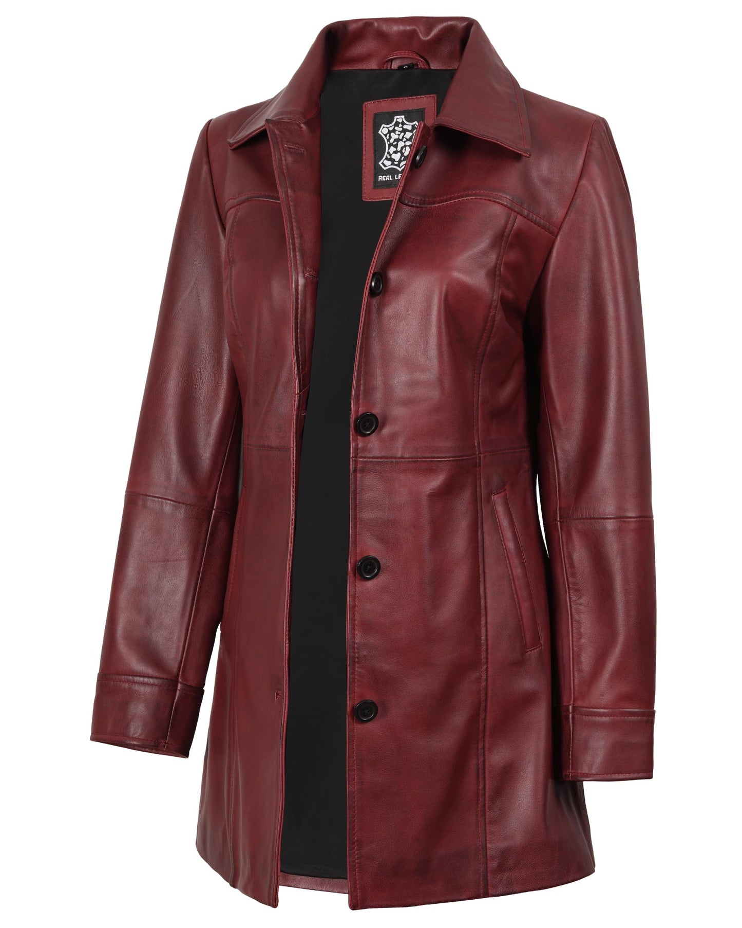 Blingsoul Real Lambskin Long Vintage Leather Jacket | [1326853] Kandis Maroon, M