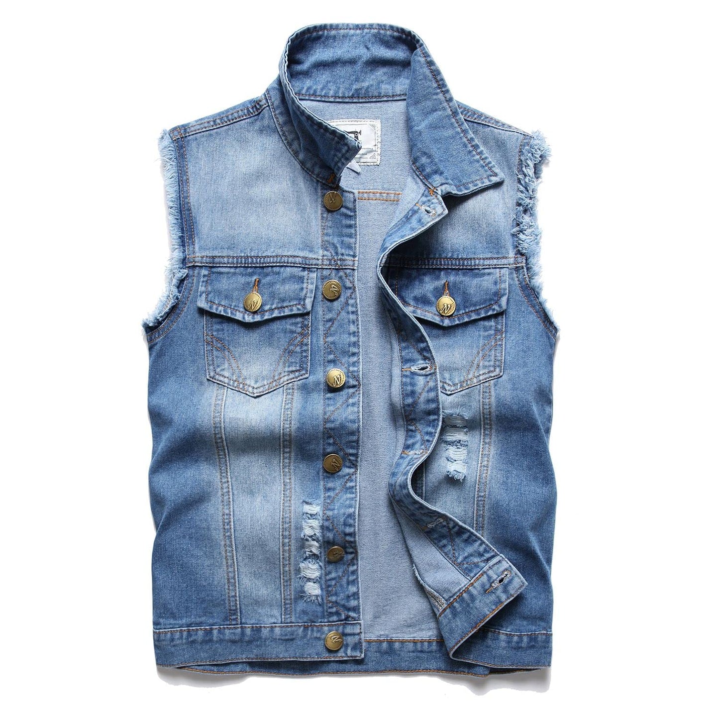 JUDIGODR Denim Vest Men Lapel Sleeveless Slim Fit Retro Ripped Casual Bule Jean Vest and Jacket for Men's (L,Lightblue 813)