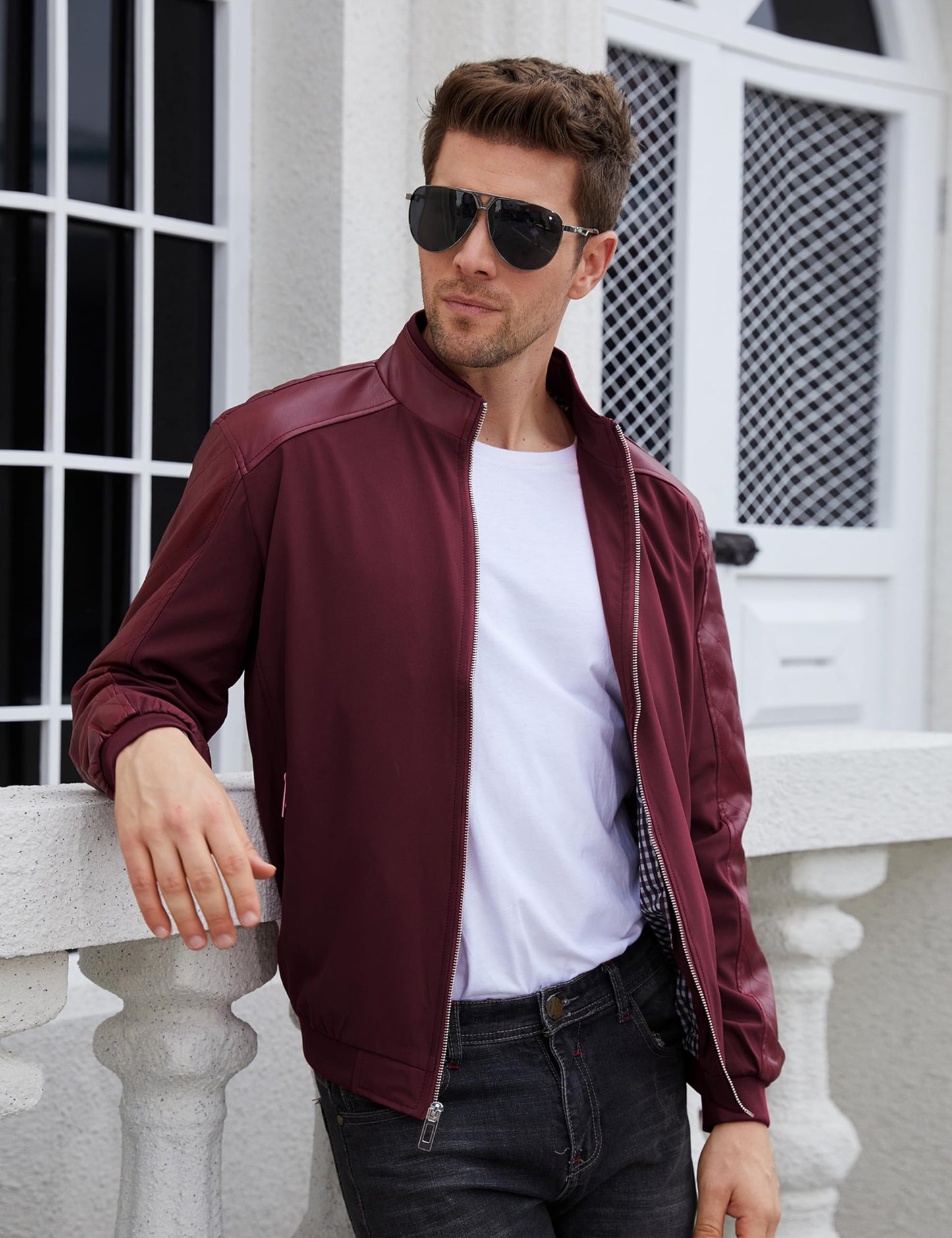 Tanming Men's Casual Slim Fit Lightweight Zip Up Softshell Bomber Jacket (Medium, Red)