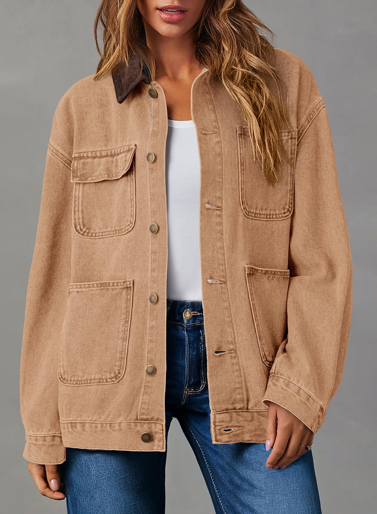Dokotoo Denim Jacket For Women Casual Trucker Jean Barn Jackets For Women Basic Long Sleeve Denim Jackets Trendy Winter Clothing Barn Coat With Color Block Collar Brown XL