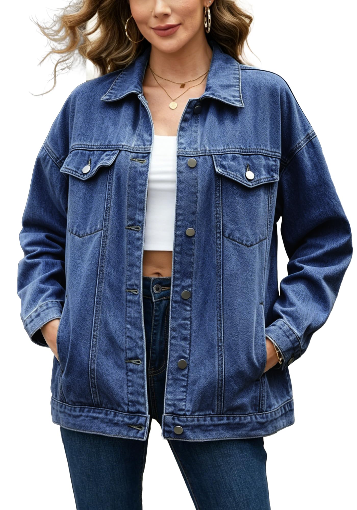 Dofancy Women’s Oversized Jeans Jacket Classic Button Down Denim Jacket for Women Loose Fit Boyfriend Biker Coat Nashville Outfits