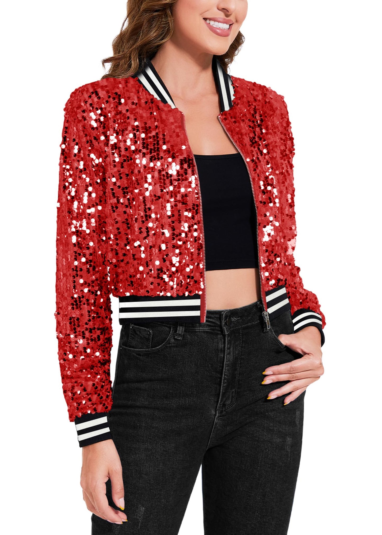 Anna-Kaci Women's Sparkly Sequin Cropped Jacket Long Sleeve Zipper Up Party Club Bomber Jacket, Red, X-Large