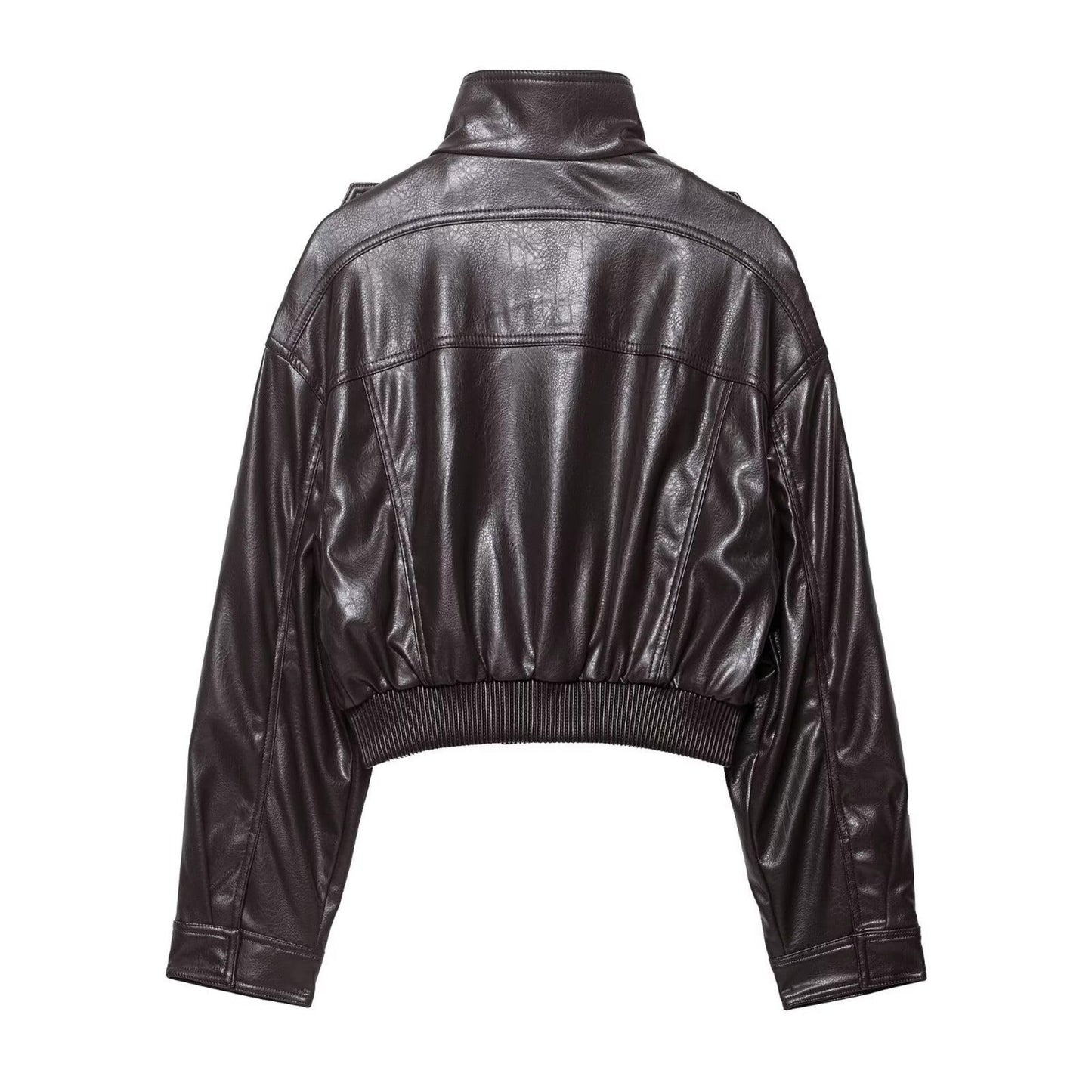 FindThy Women’s Cropped Faux Leather Jacket Vintage Stand Collar Long Sleeve Zip Up Fall Fashion Motorcycle Bomber Coats(4212-Brown-M-aLB)