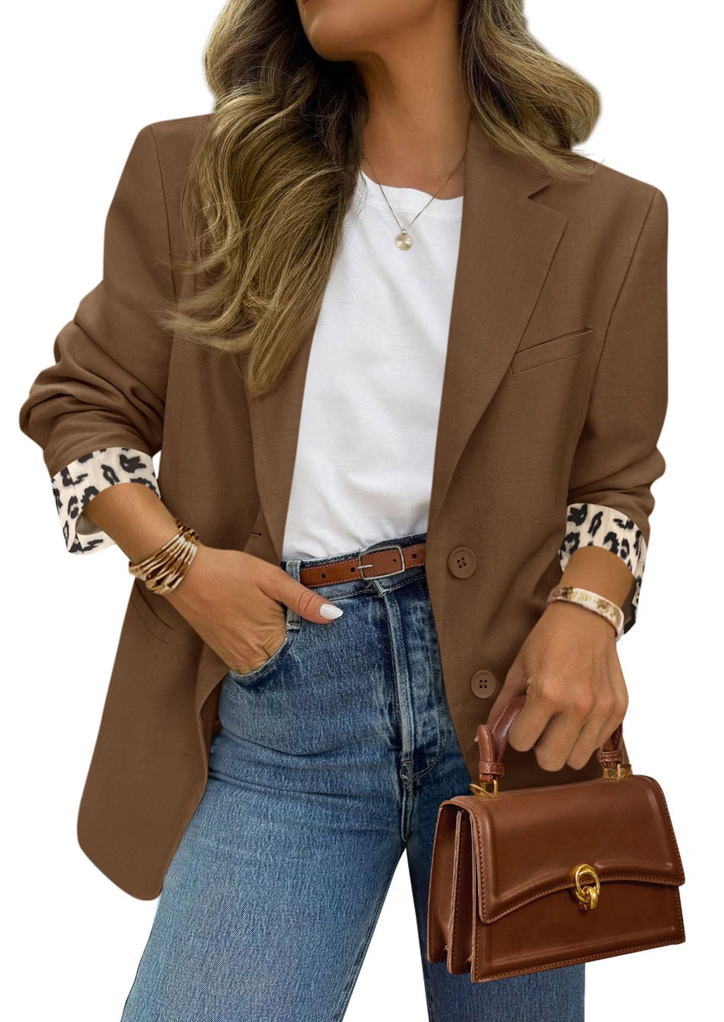 PRETTYGARDEN Womens Open Front Leopard Blazers Suit Jackets,Brown,XL