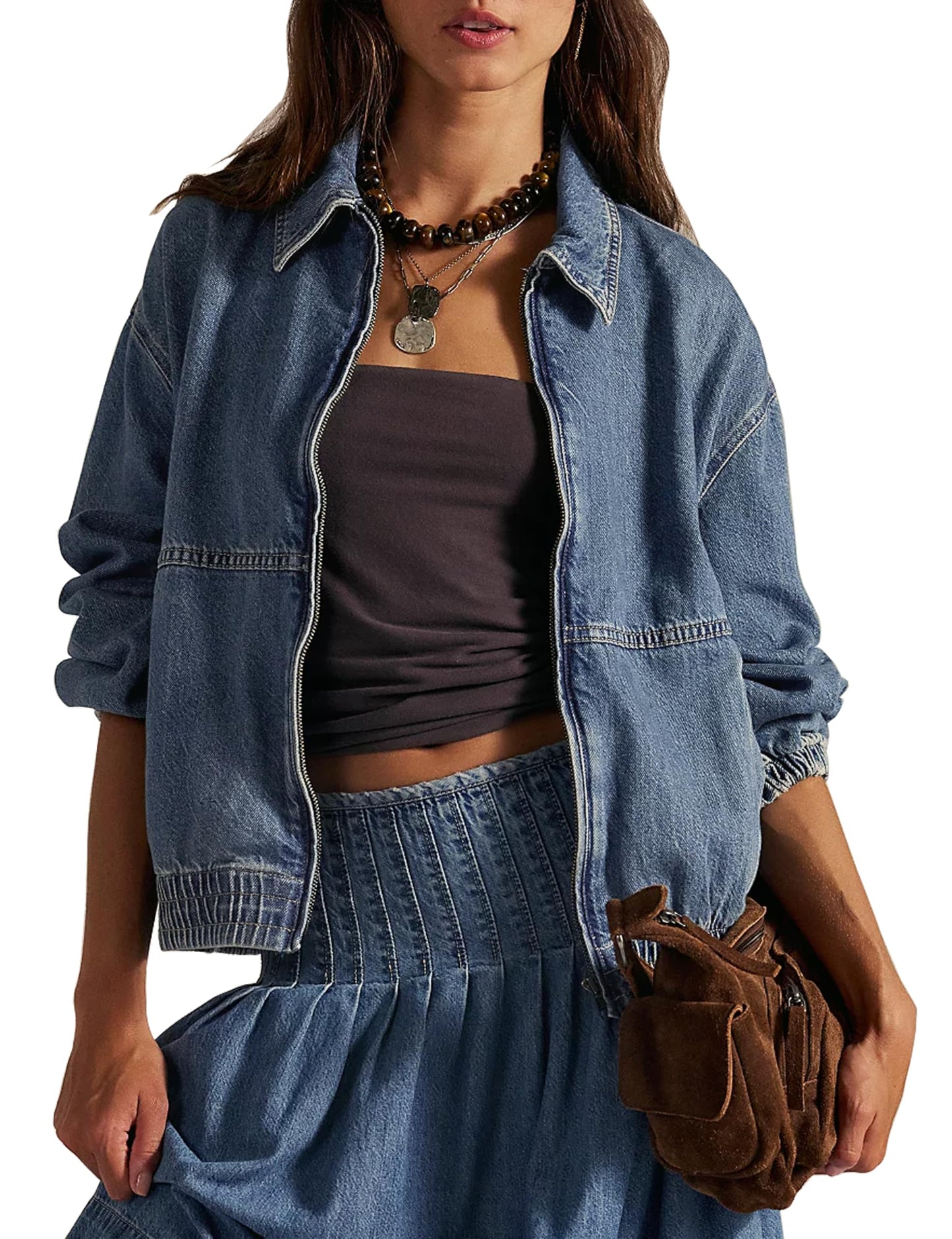 Bell Princess Womens Denim Jackets Long Sleeve Zip Up Elastic Hem Classic Loose Jean Bomber Jacket Outfit(0135-Blue-S)