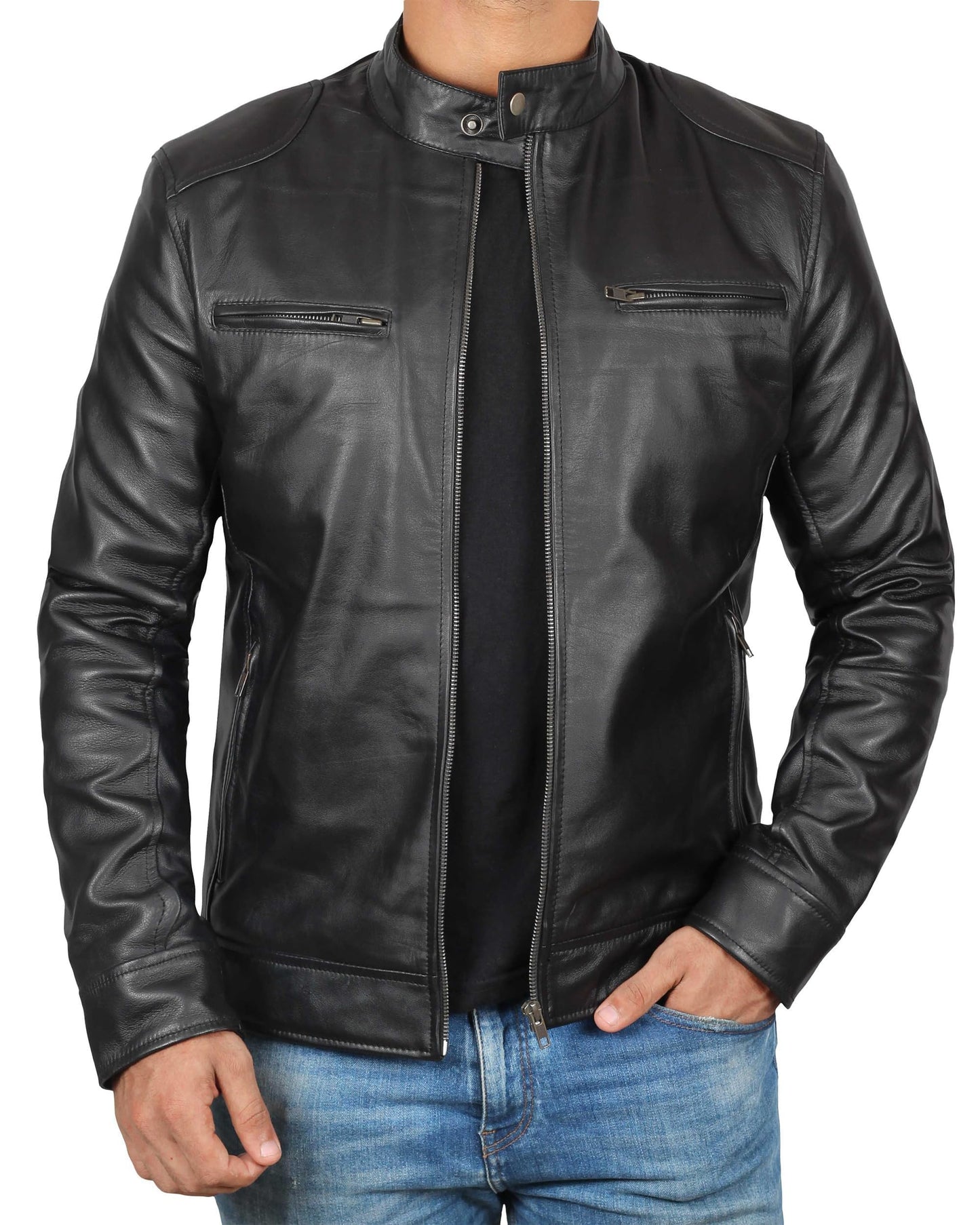 Decrum Mens Black Leather Jacket Men - Mens Leather Jackets | [1100124] Black Ddge, L
