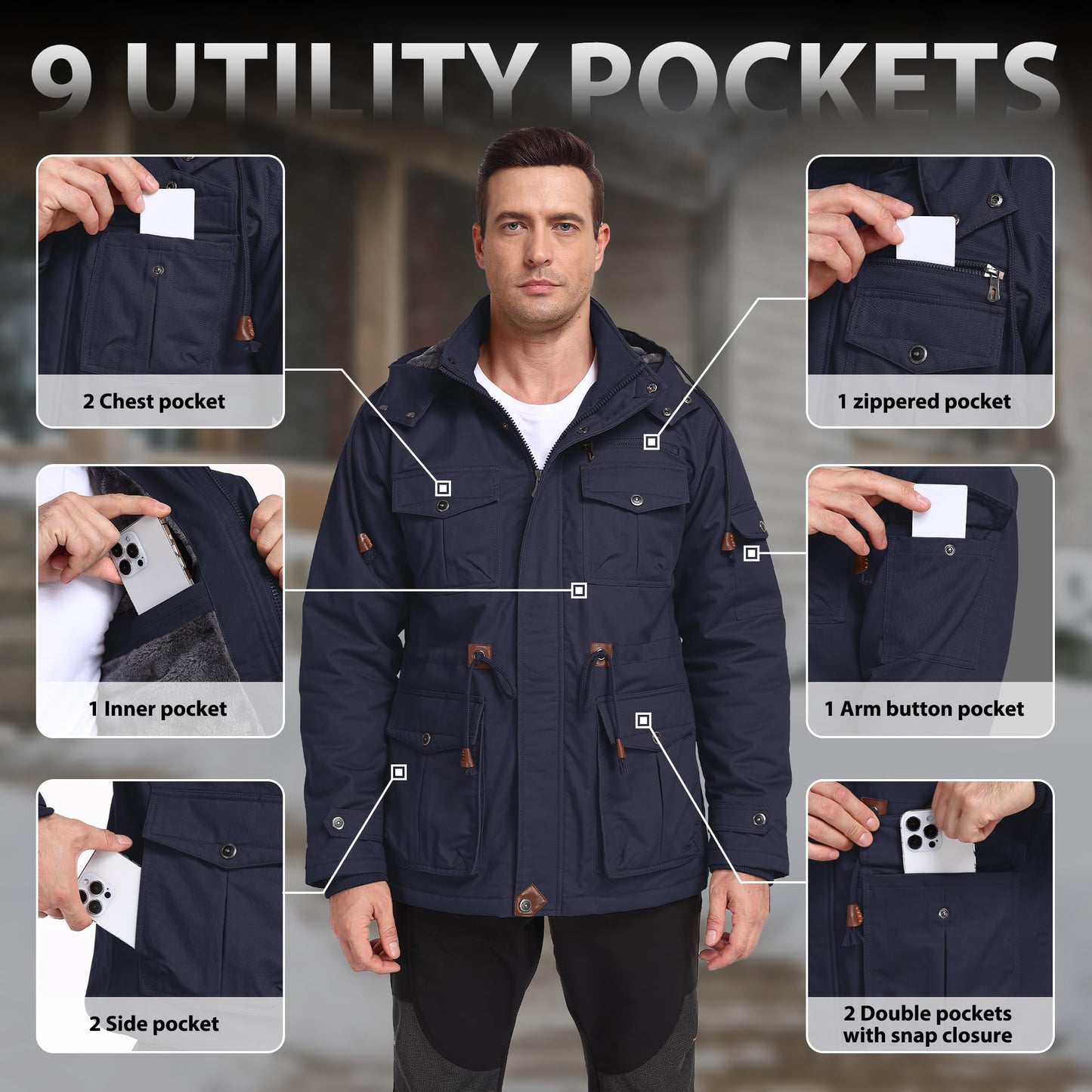 SPOSULEI Winter Jackets for Men Cotton Work Fleece lined warm Army Jacket Heavy Winter Military Coat with 9 Pockets Dark Blue M