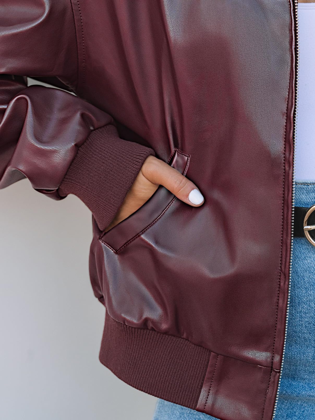 MEROKEETY Women's Winter Spring Oversized Faux Leather Jacket 2026 Fall Zip Up Motorcycle Coats Fashion Outfits Clothes, Burgundy, Large