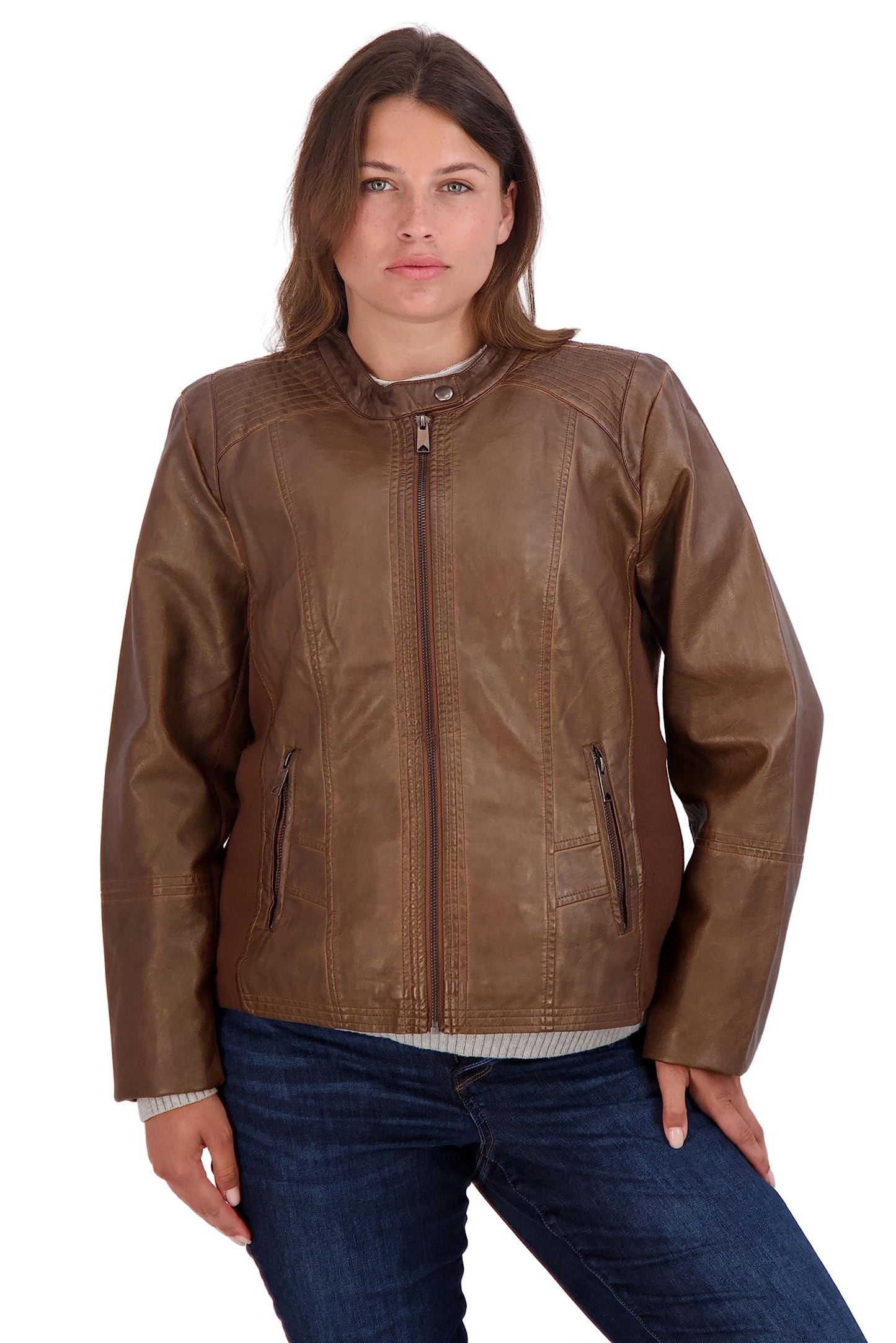 Sebby Collection Women's Faux Leather Jacket with Moto Details and Front Zip Pockets, Whiskey, Medium