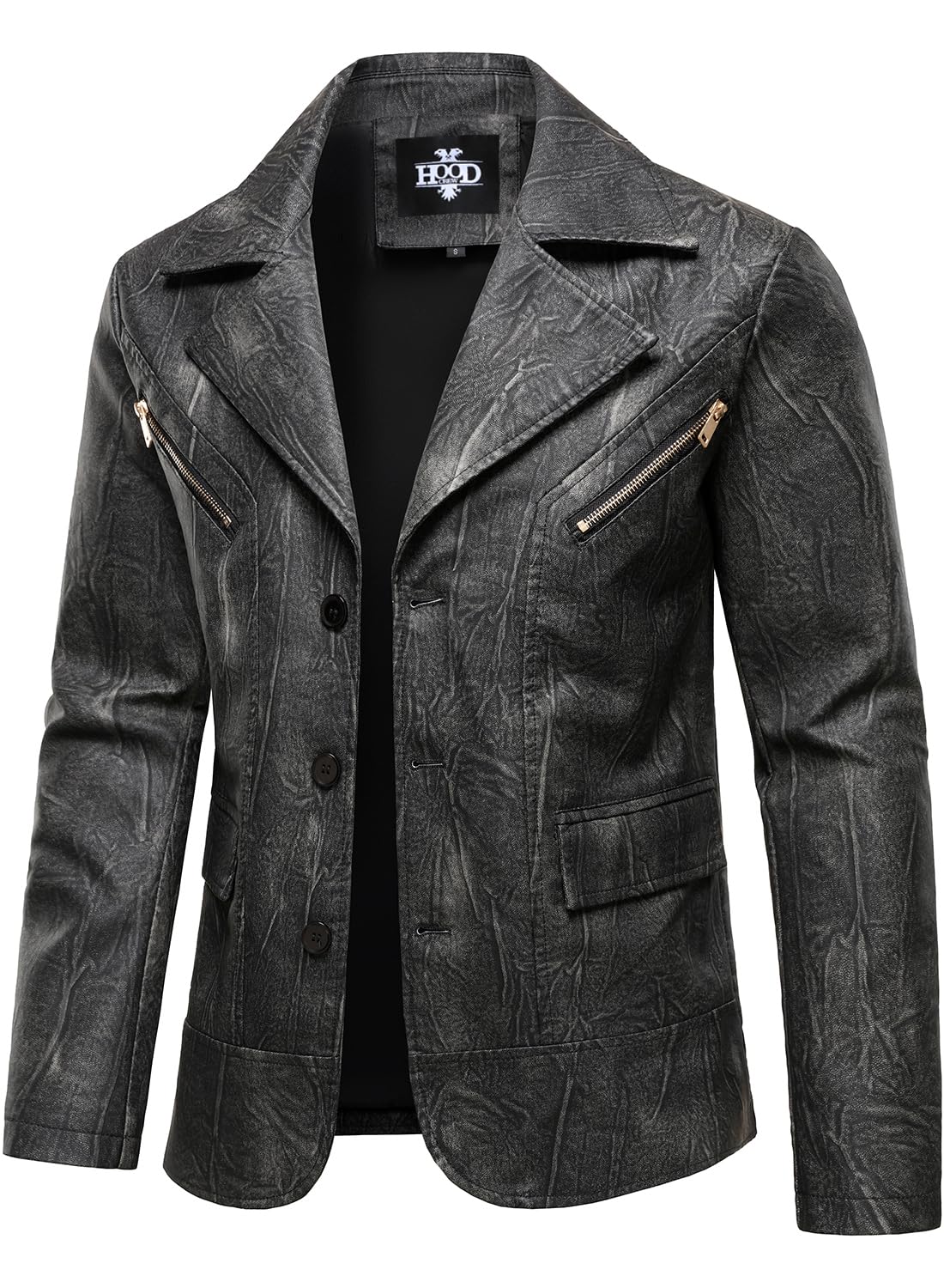 HOOD CREW Mens Casual Leather Blazer Vintage Lightweight Coat Button Closure Style Faux Leather Jackets for Men Black Grey L