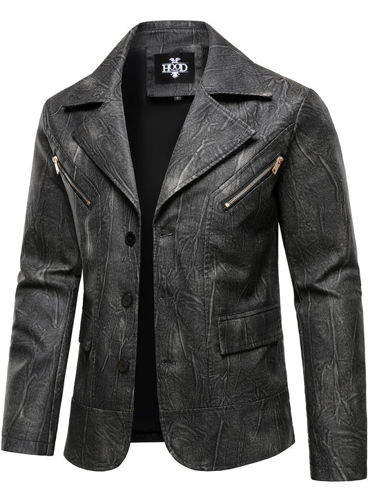 HOOD CREW Mens Casual Leather Blazer Vintage Lightweight Coat Button Closure Style Faux Leather Jackets for Men Black Grey L