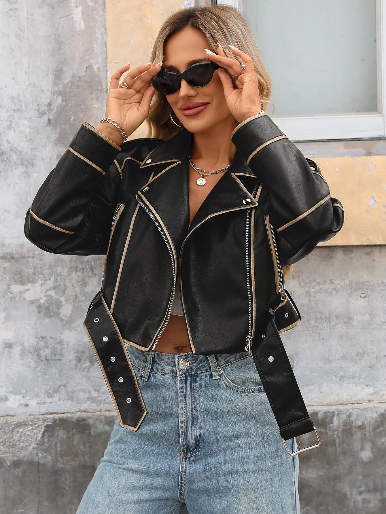 LY VAREY LIN Women Faux Leather Cropped Jacket Lapel Zipper Biker Short Coat with Belt