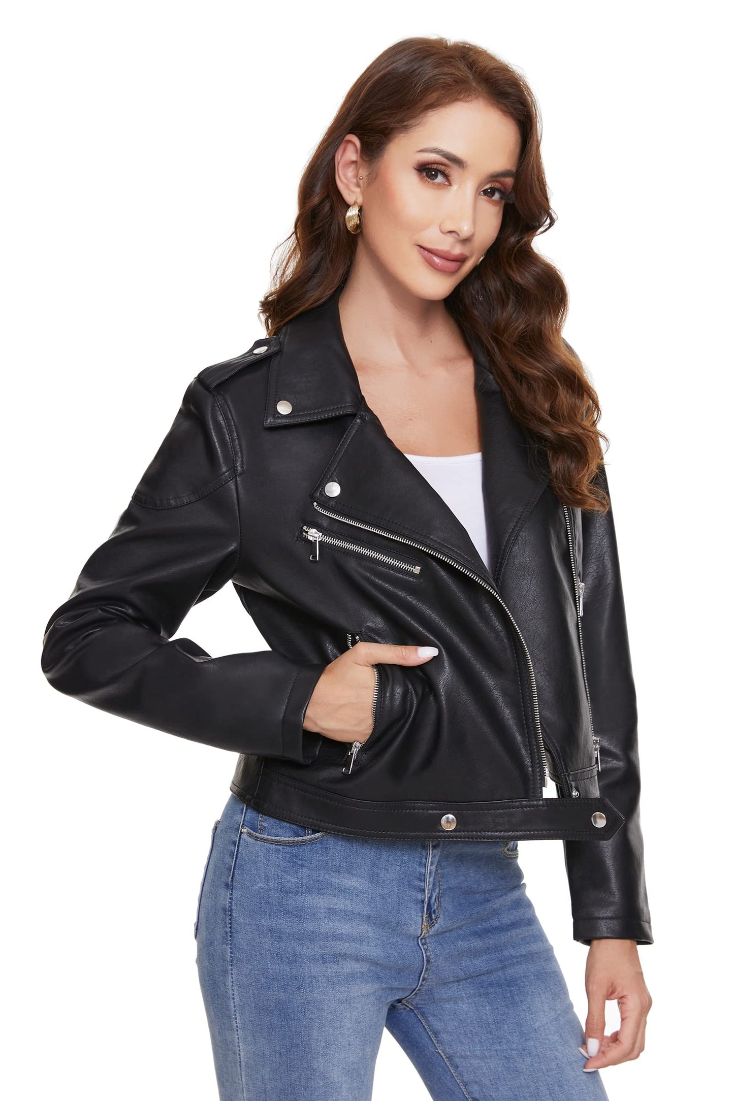 Fahsyee Women's Faux Leather Jackets, Zip Up Motorcycle Short PU Moto Biker Outwear Fitted Slim Coat Black Size M
