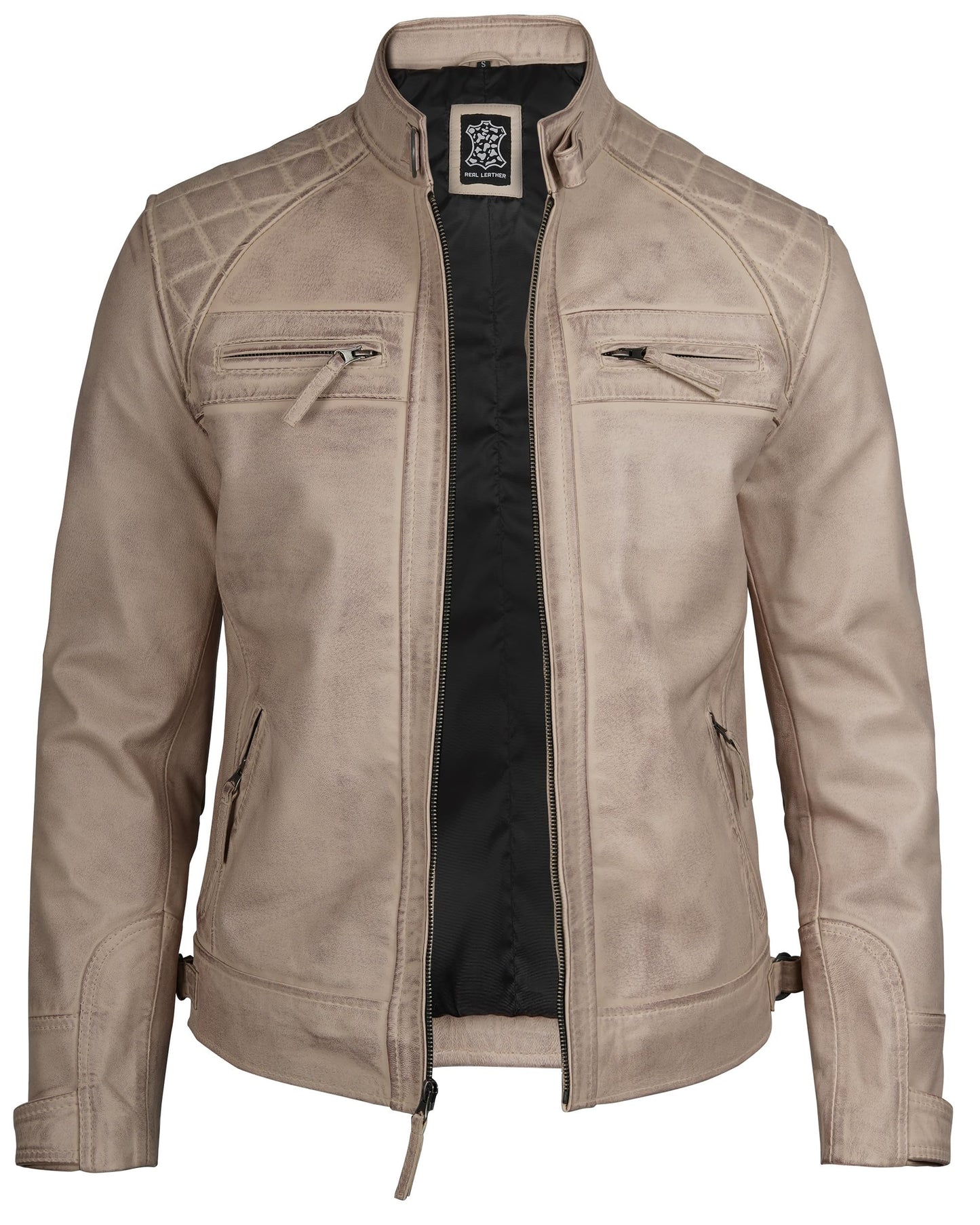 Decrum Disc Cafe Racer Leather Jacket - Men Leather Jacket | [1129277] D1 Wrm Bge, XXXL