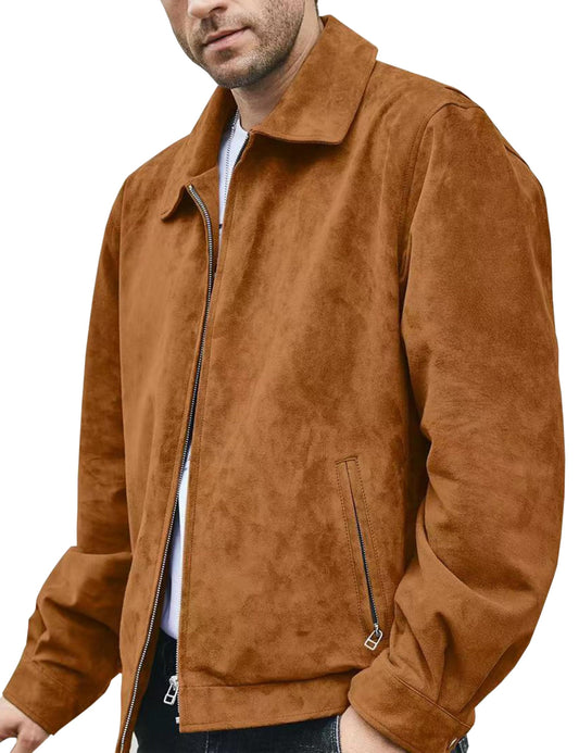 FLAVOR Men's Suede Leather Bomber Jacket Casual Coat for Men (Medium, Brown)