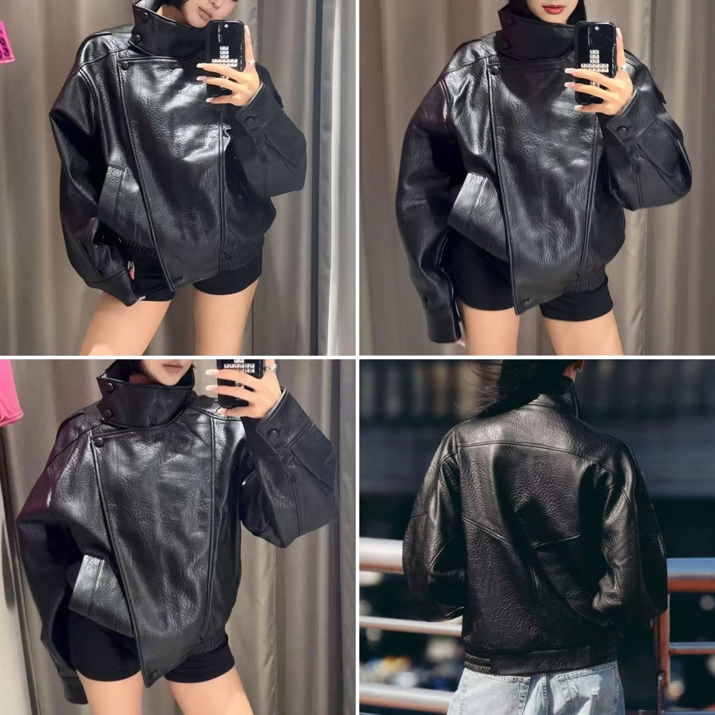 FindThy Women’s Oversized Faux Leather Jacket Casual High Collar Long Sleeve Zip Up Fall Fashion Motorcycle Coats(4201-Black-L-LB)
