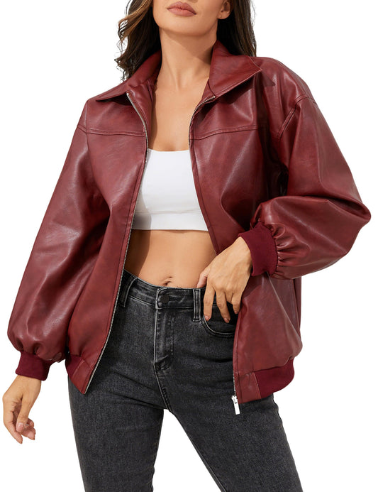 KWSTAIN Leather Jacket Women Vintage Washed Faux Oversized Casual Motorcycle Biker Bomber Coats With Pockets 2025 Y2K Trendy (Wine,M)