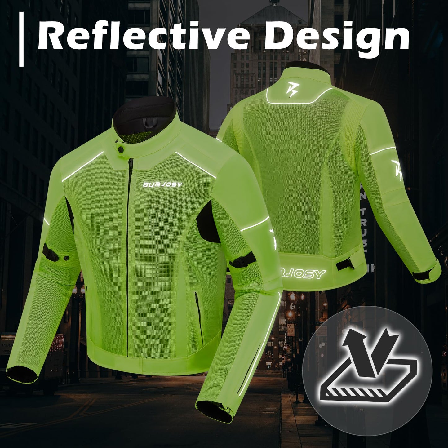 Burjosy Mesh Motorcycle Jacket for Men, Summer Motorbike Biker Jacket, Reflective Lightweight Breathable Riding Jacket Protective Gear Armored