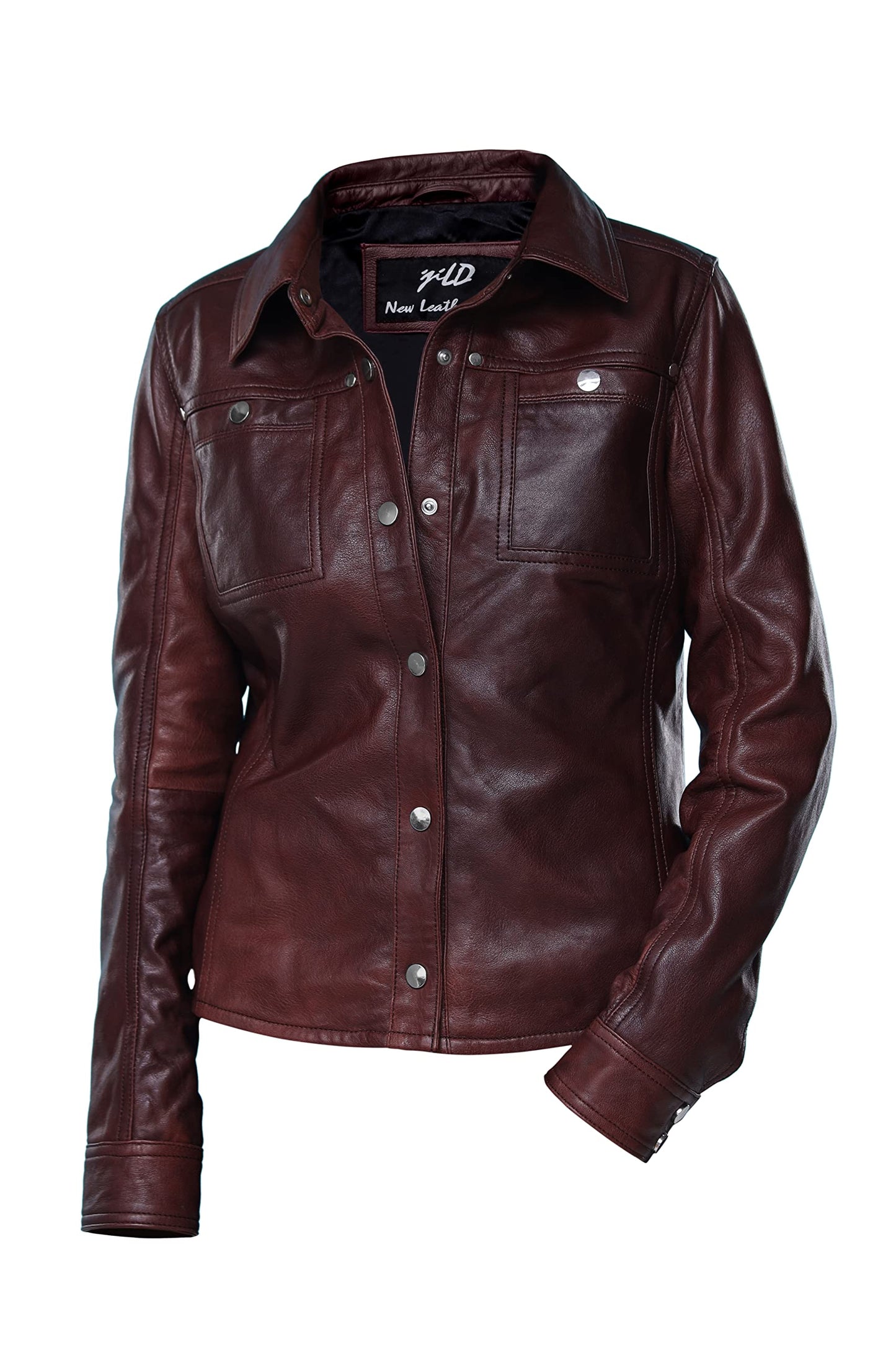 Jild Womens Button Front Lambskin Leather Jacket Shacket - Casual Shirt Long Sleeve Leather Jacket Women with Bust Pocket (Maroon-L)
