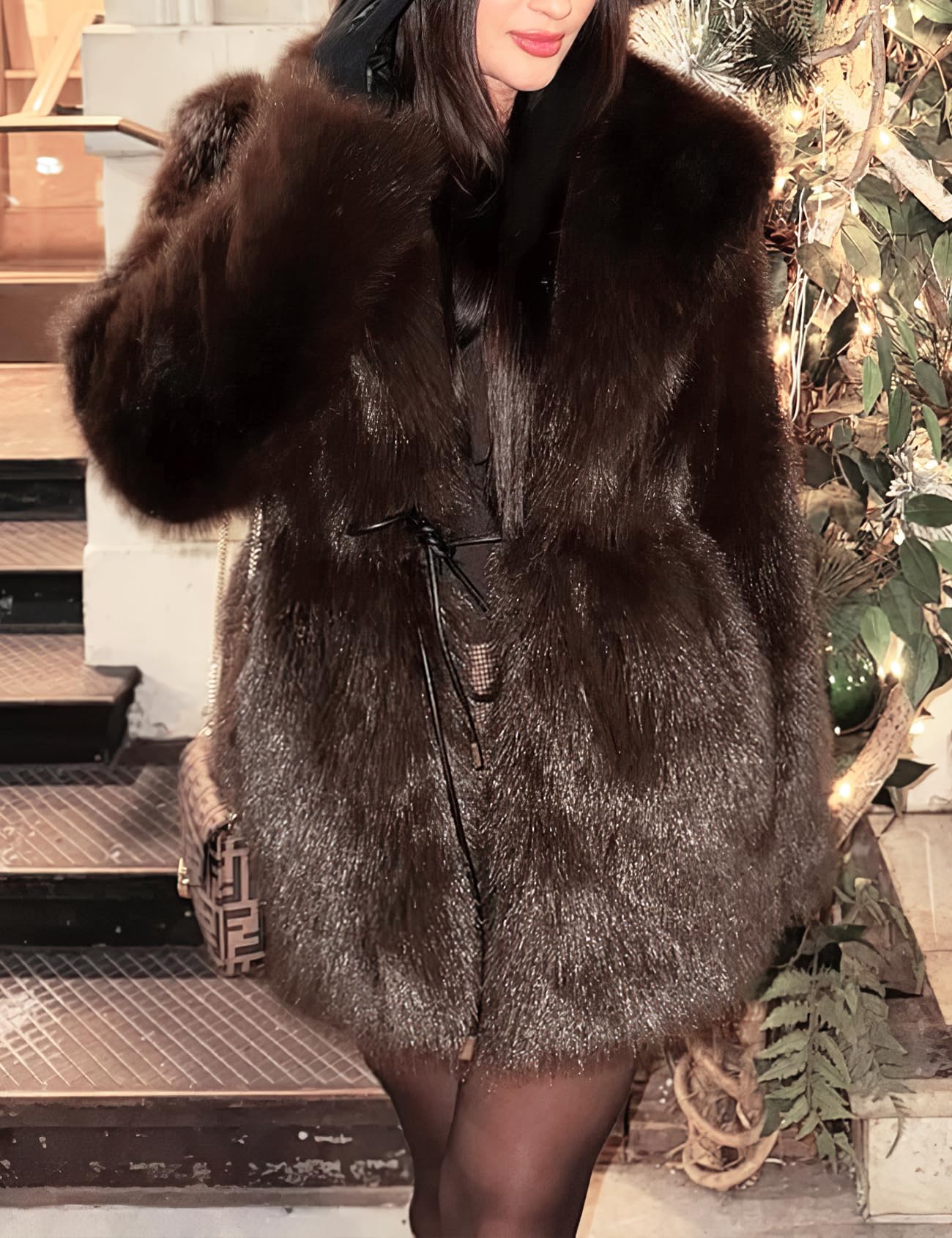 PEHMEA Women's Mid-Length Faux Fur Coats Winter Warm Fuzzy Jackets Long Sleeve Lapel Fashion Casual Fluffy Shaggy Parka Coat(Brown-M)
