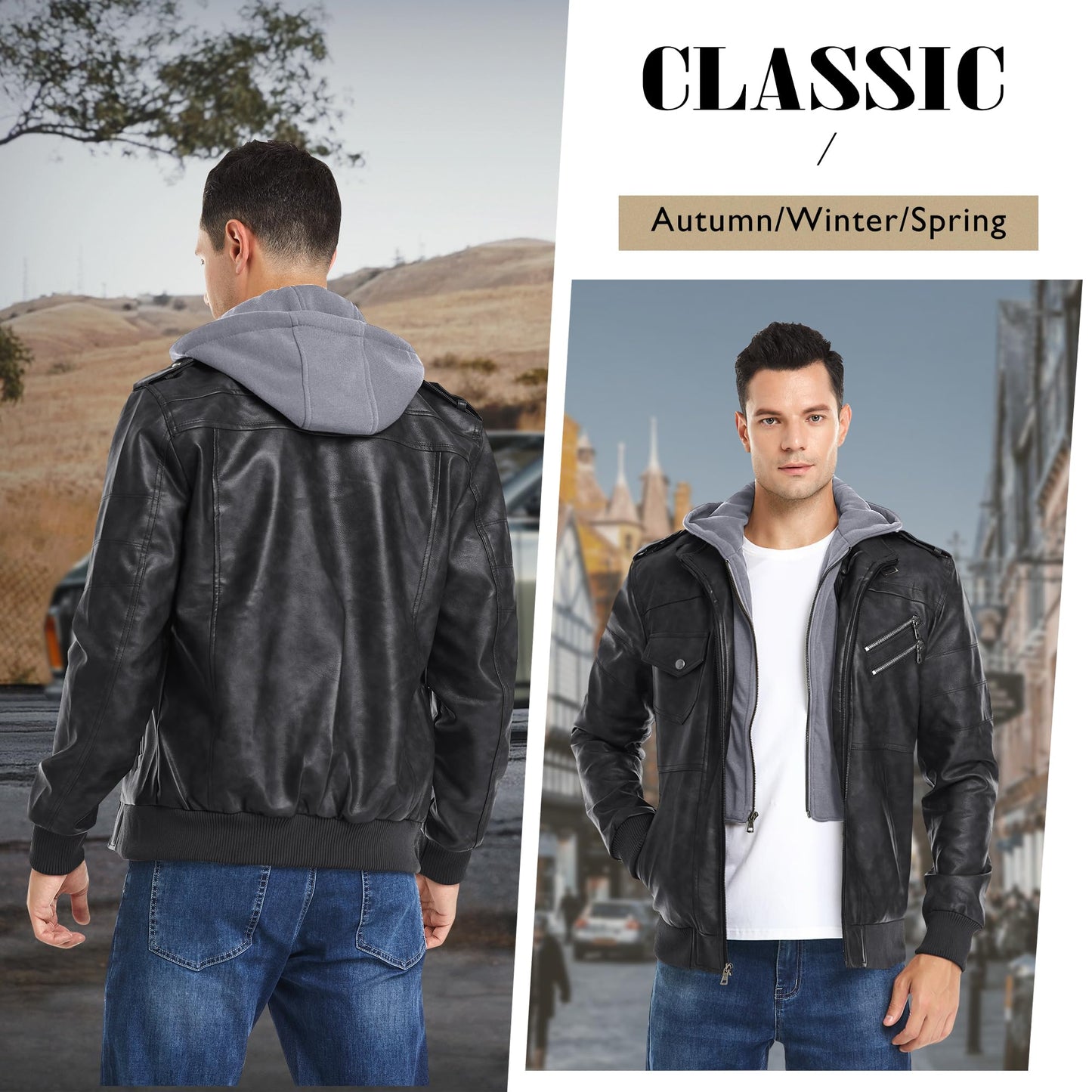 JYG Men's Faux Leather Jacket Stand Collar Motorcycle Bomber Jackets with Removable Hood (Black,S)