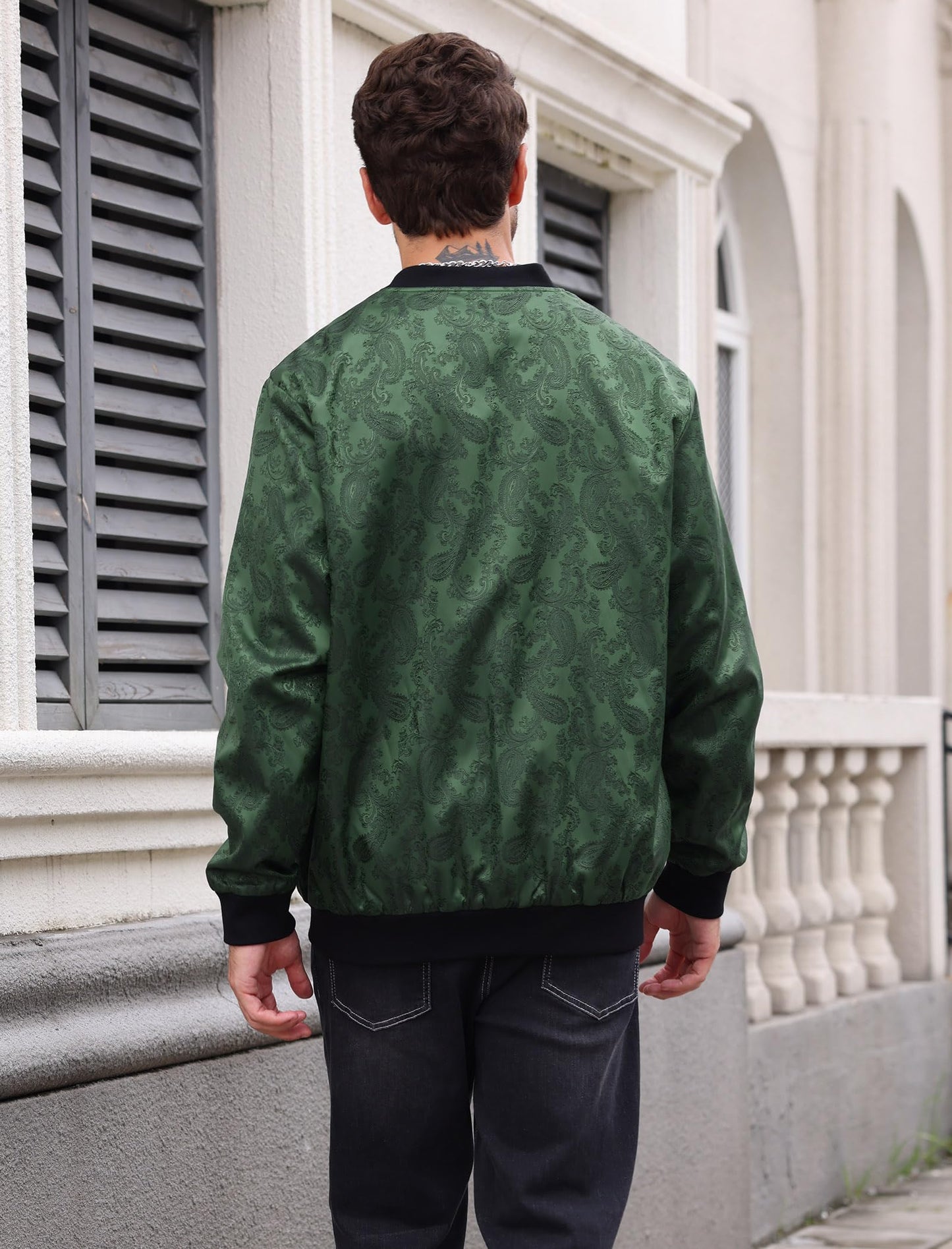OLEMEK Men's Bomber Jacket Long Sleeve Zipper Paisley Floral Jacket Lightweight Casual Windbreaker Night Party Nightclub Jackets Dark Green XL