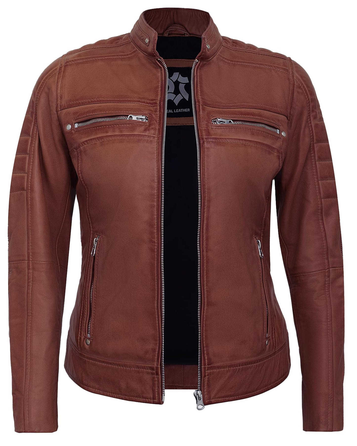 UrbanFocal Womens Motorcycle Jacket - Cafe Racer Style Brown Leather Jackets For Women | [101005104] Cafe Racer Cognac, L
