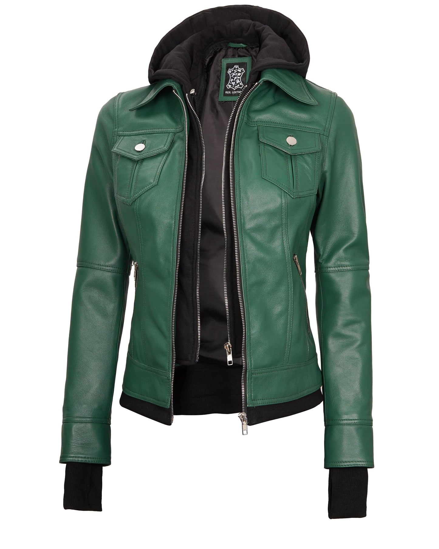 Decrum Leather Motorcycle Jacket Women - Women Leather Jacket | [1323865] Trle Grn, XL