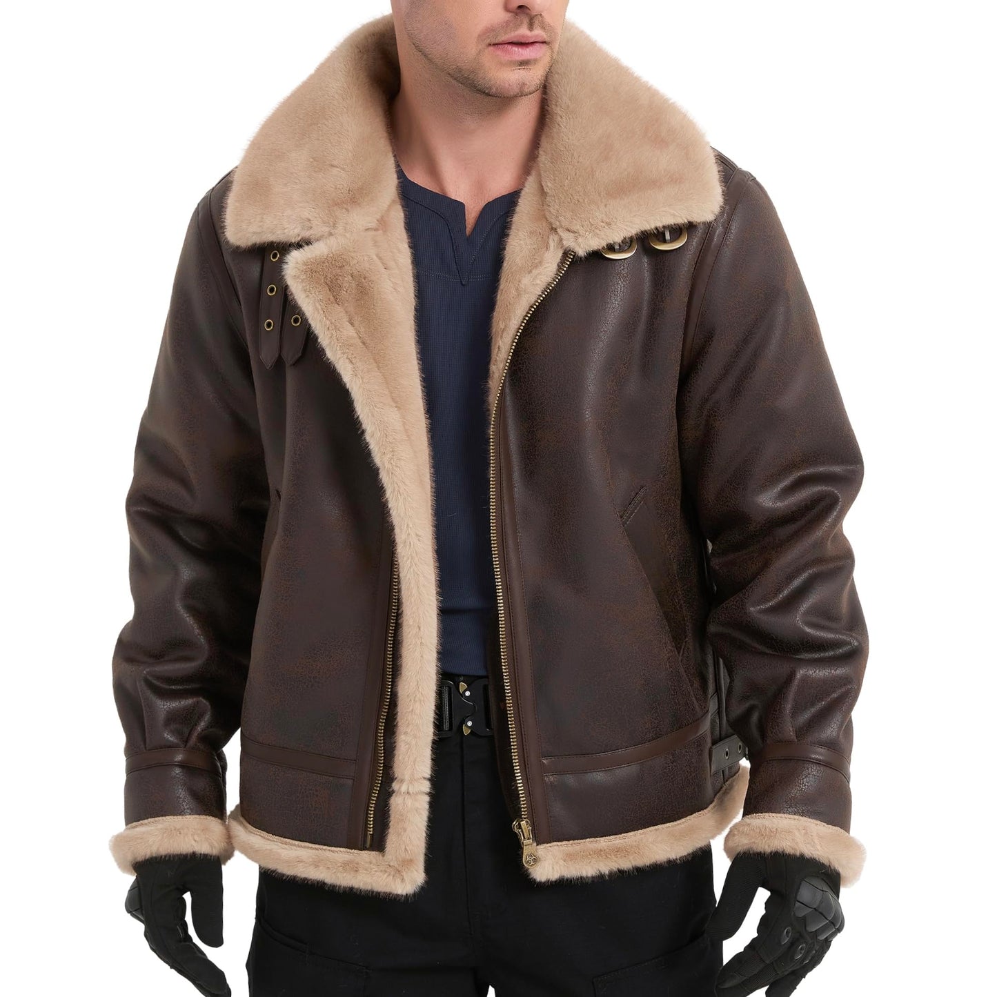 Mifidy Men Flight Jacket, Soft Warm Fur Brown Leather Comfort Shearling Durable Motorcycle Bomber Cosplay Comic Con Costume Leon Kennedy Outdoor Coat Gift Medium