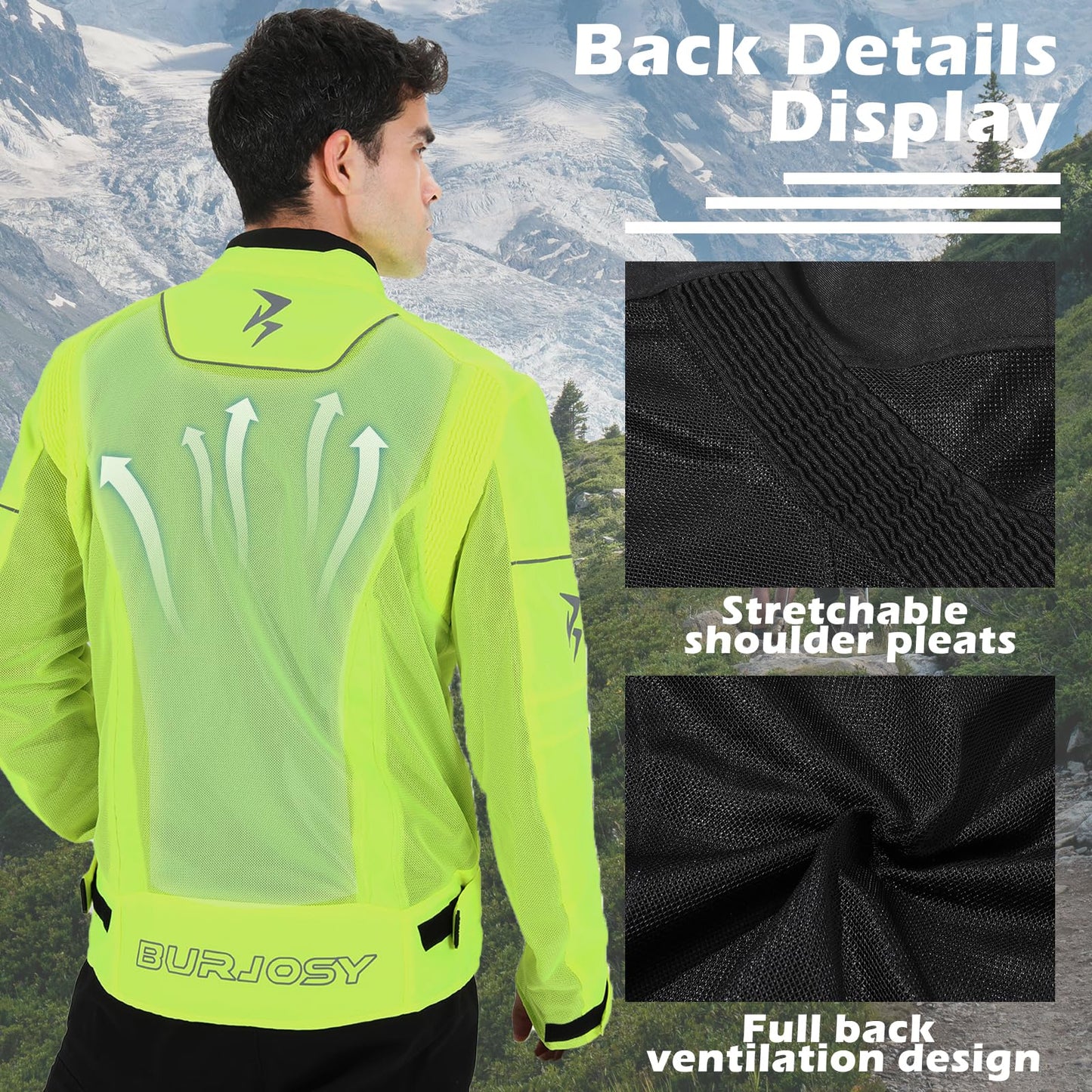 Burjosy Mesh Motorcycle Jacket for Men, Summer Motorbike Biker Jacket, Reflective Lightweight Breathable Riding Jacket Protective Gear Armored