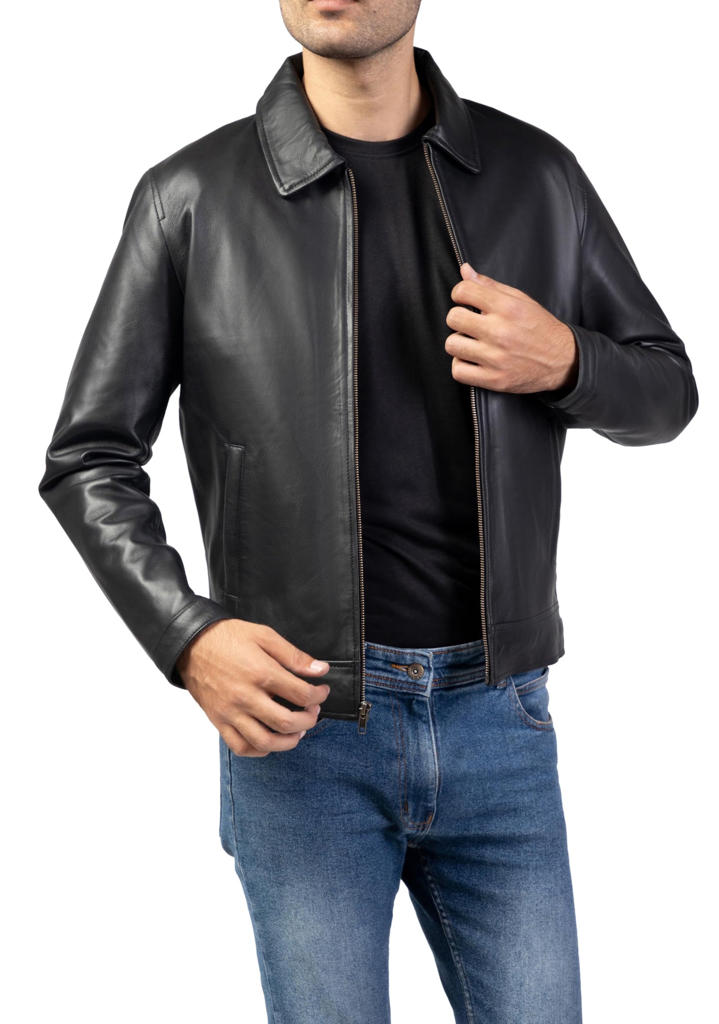 Jild Polo Collar Premium Leather Jacket Men - Old School Classic Style Everyday Wear Real Lambskin Mens Leather Jacket (Polo-Blk-M)
