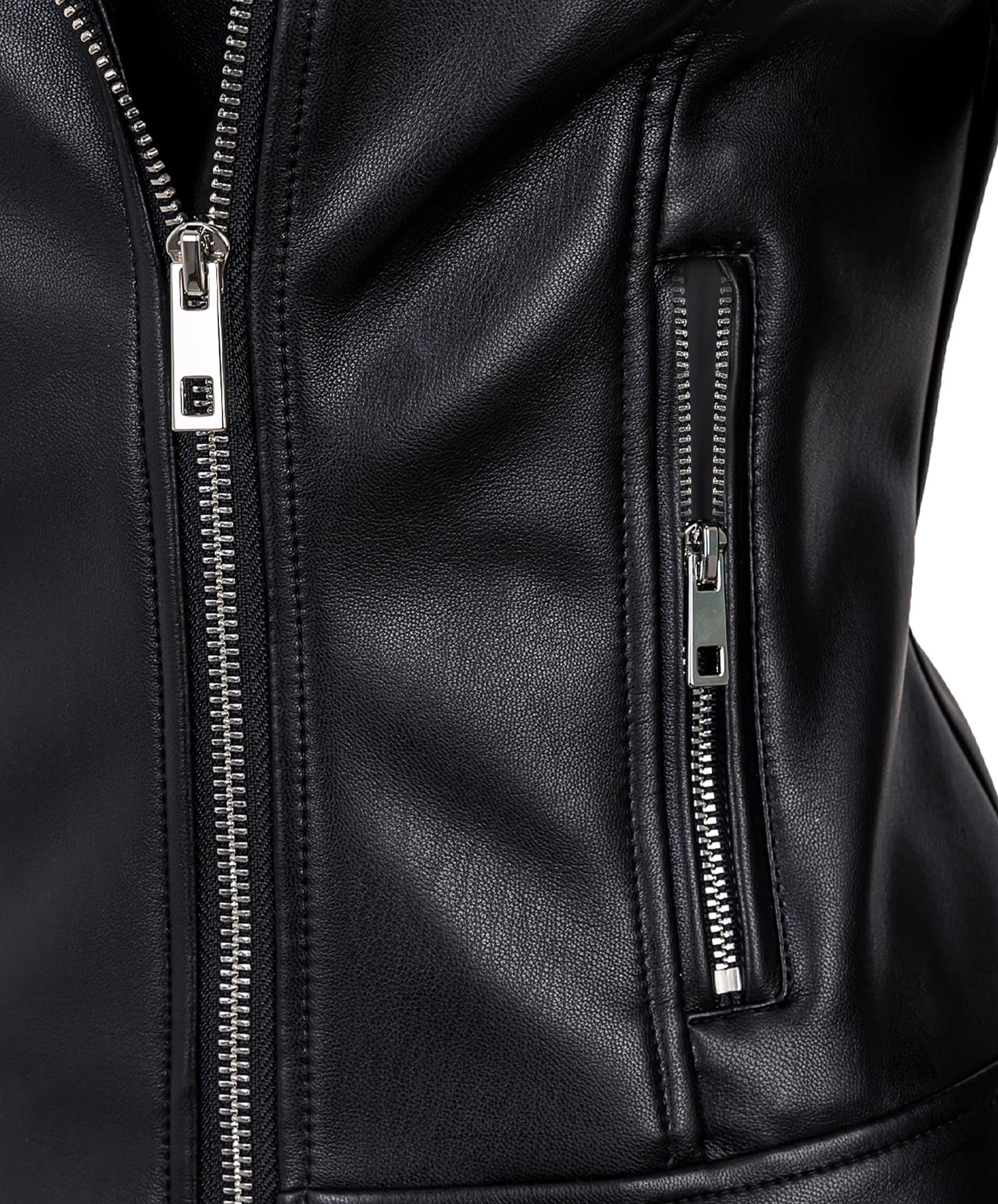 Women Leather Jacket, Buttery Soft Faux Leather Motorcycle Moto Biker Short Jacket, Stretchy Long Sleeves Asymmetrical Closure Zipper Rivets Pocket Classic Stylish Coat, Small, Black