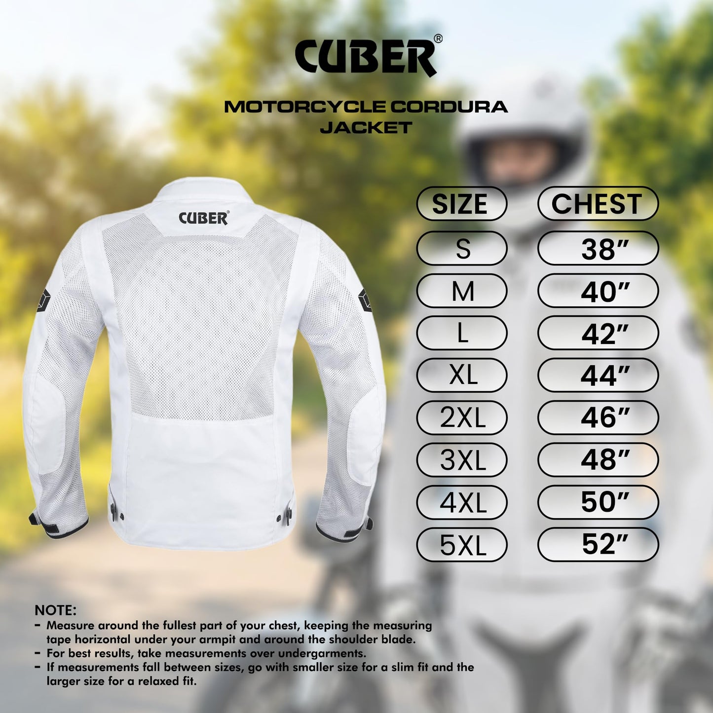 CUBER HI VIS BREATHABLE MESH MOTORCYCLE JACKET RIDING MENS CE ARMOR BIKERS RACING GEAR, DUAL SPORTS PROTECTIVE (WHITE, LARGE)