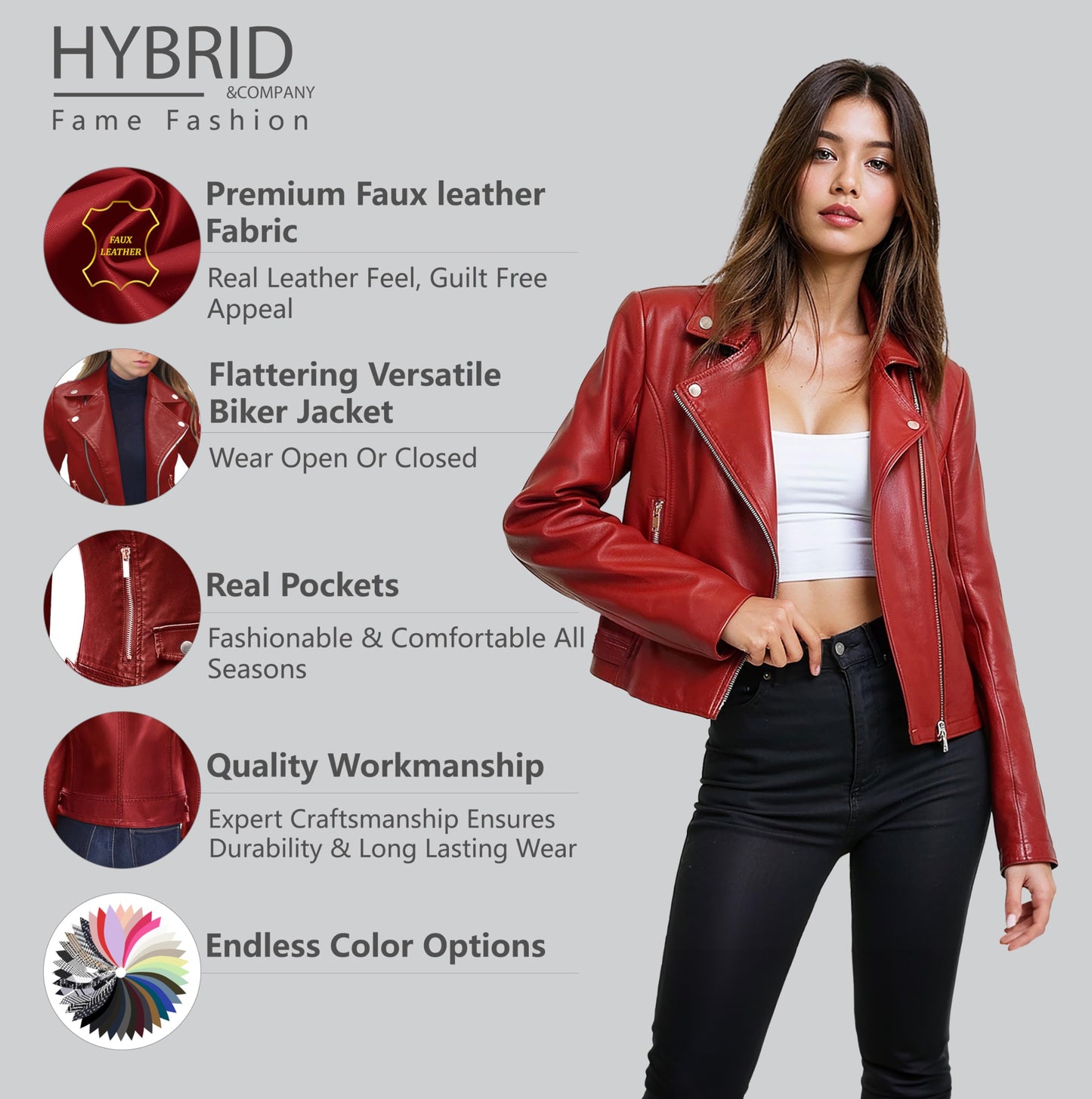 Olivia Miller Women's Faux Leather Moto Biker Jacket Long Sleeve Zip Jacket JK5208 RED S