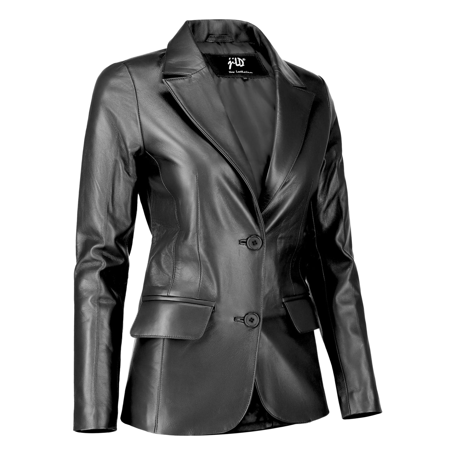 Jild Classic 2-Button Lambskin Leather Blazer Women - Casual Coat Long Sleeves Suit Style Leather Jacket Women (LC-BLK-L)