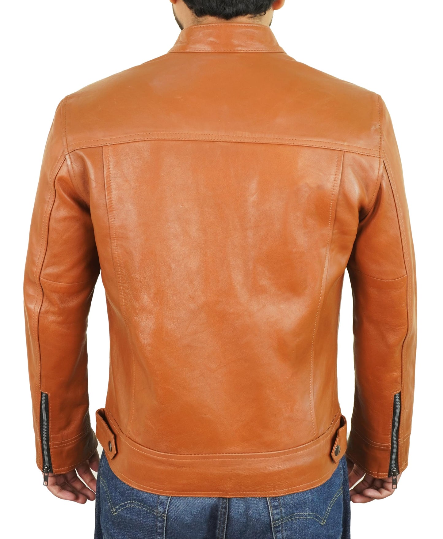 Cafe Racer Leather Jacket Men - Mens Brown Leather Jacket | Stripe Brown - L