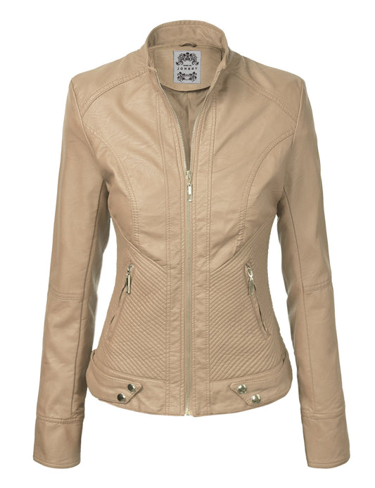 Made By Johnny MBJ WJC747 Womens Dressy Vegan Leather Biker Jacket M Khaki