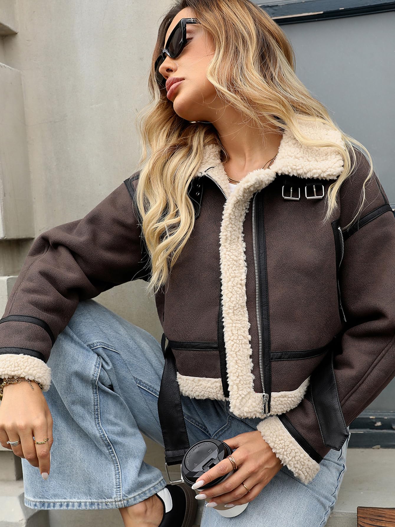 LY VAREY LIN Winter Women Faux Lamb Fur Leather Short Jacket Lapel Zipper Bomber Aviator Coat