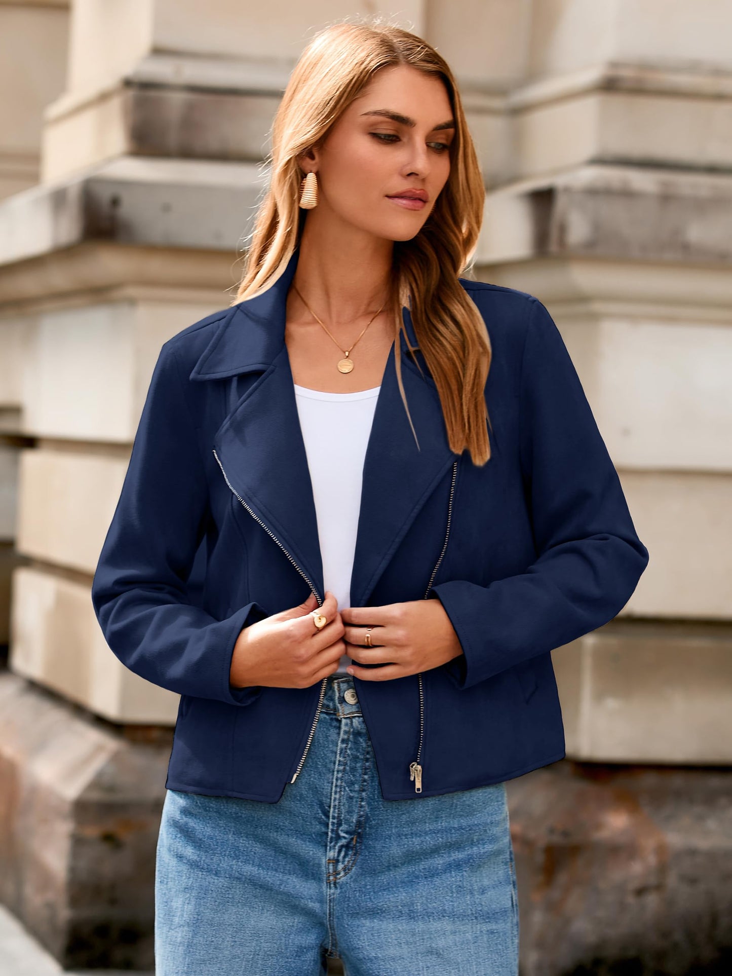 Glamaker Womens Faux Suede Jackets Long Sleeve Casual Cropped Zipper Biker Moto Jacket Fall Winter Outfits(Navy Blue,Small)