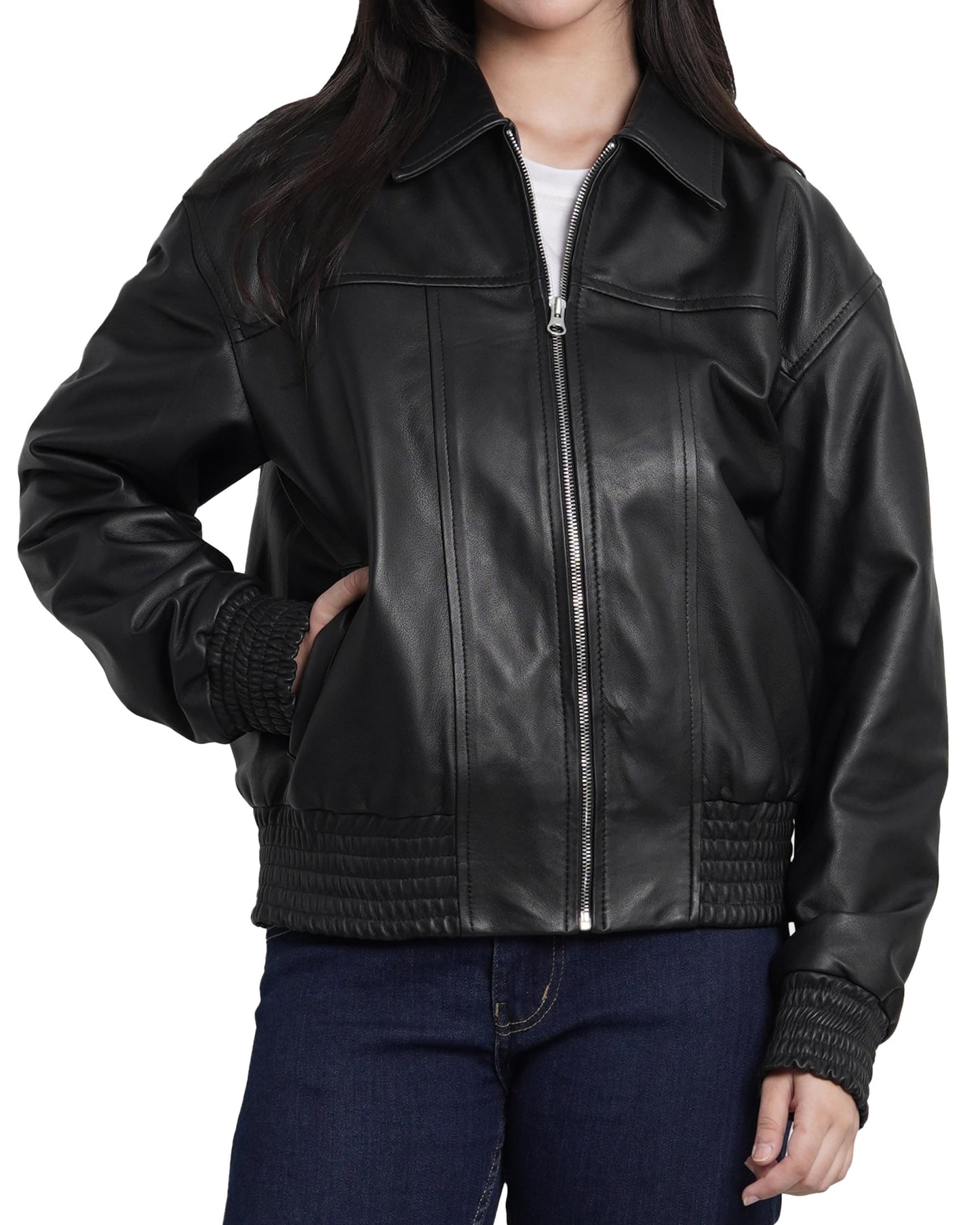 Decrum Disc Genuine Leather Jacket Women - Leather Oversized Bomber Jacket Womens | [1328563] Ollie Black, M