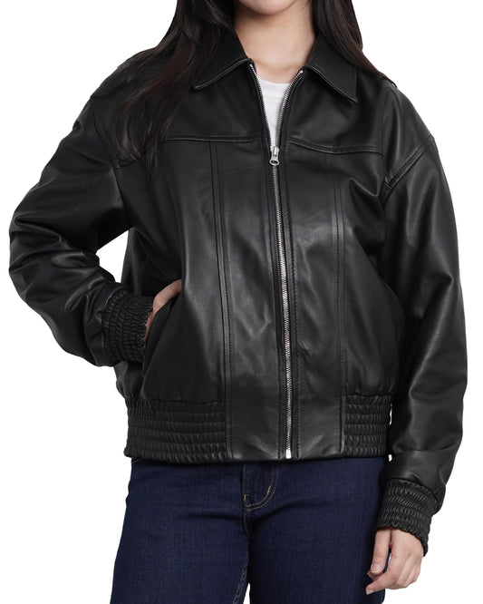 Decrum Disc Genuine Leather Jacket Women - Leather Oversized Bomber Jacket Womens | [1328563] Ollie Black, M