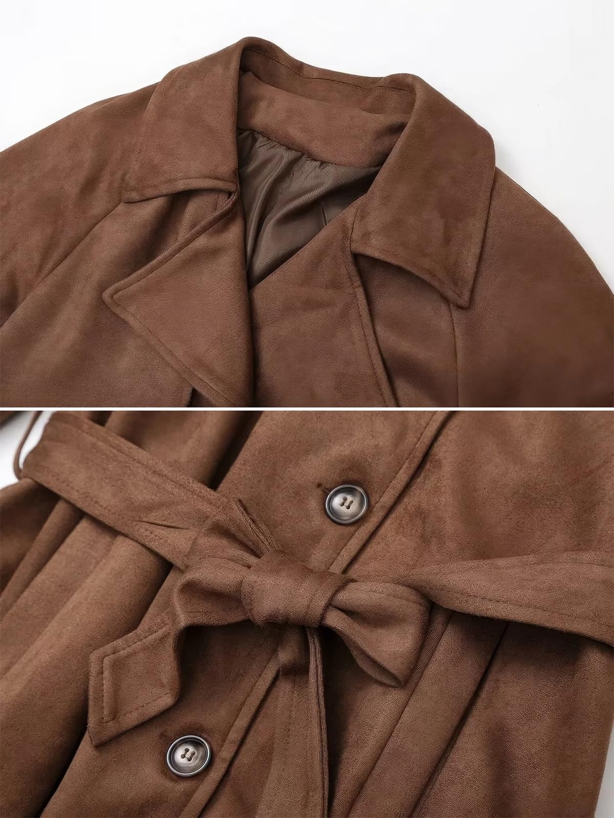 ebossy Women's Fashion Faux Suede Open Front Long Trench Coat Notched Lapel Double Breasted Maxi Overcoat with Belt (L, Brown)