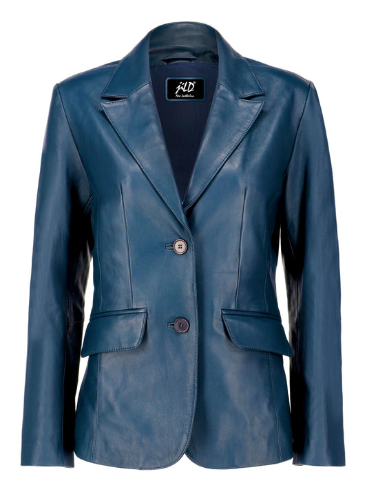 Jild Classic 2-Button Lambskin Leather Blazer Women - Casual Coat Long Sleeves Suit Style Leather Jacket Women (LC-Blue-3XL)