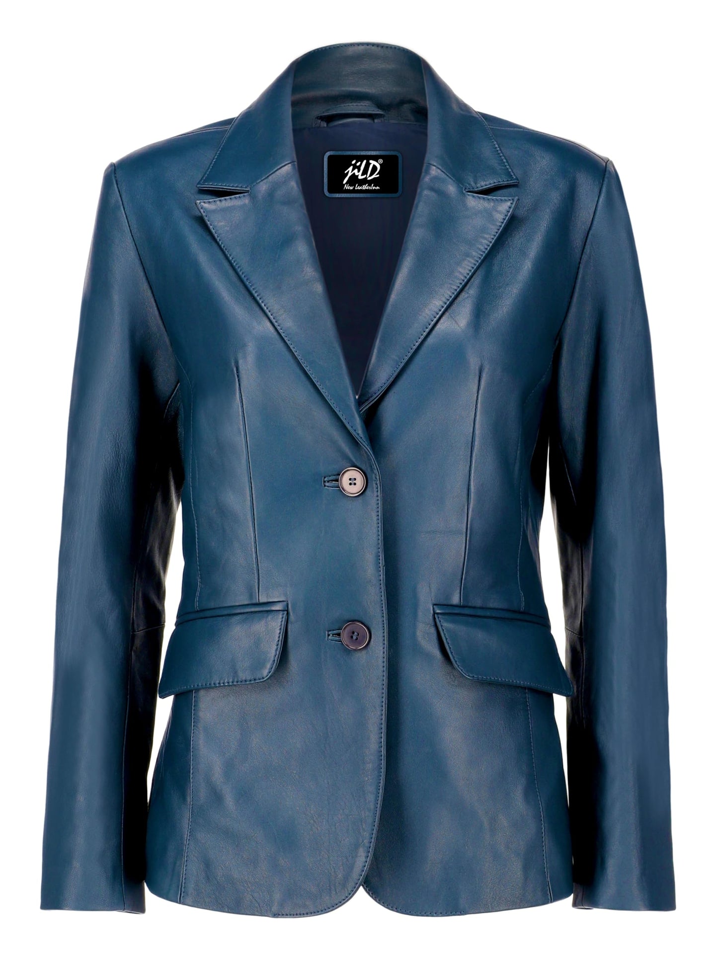 Jild Classic 2-Button Lambskin Leather Blazer Women - Casual Coat Long Sleeves Suit Style Leather Jacket Women (LC-Blue-L)