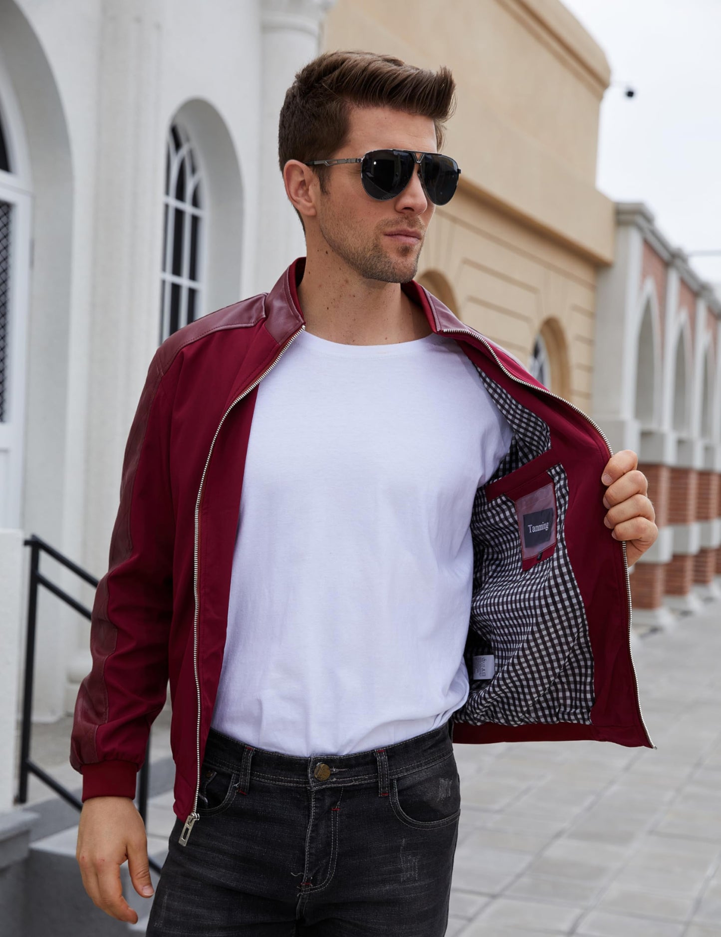 Tanming Men's Casual Slim Fit Lightweight Zip Up Softshell Bomber Jacket (Medium, Red)