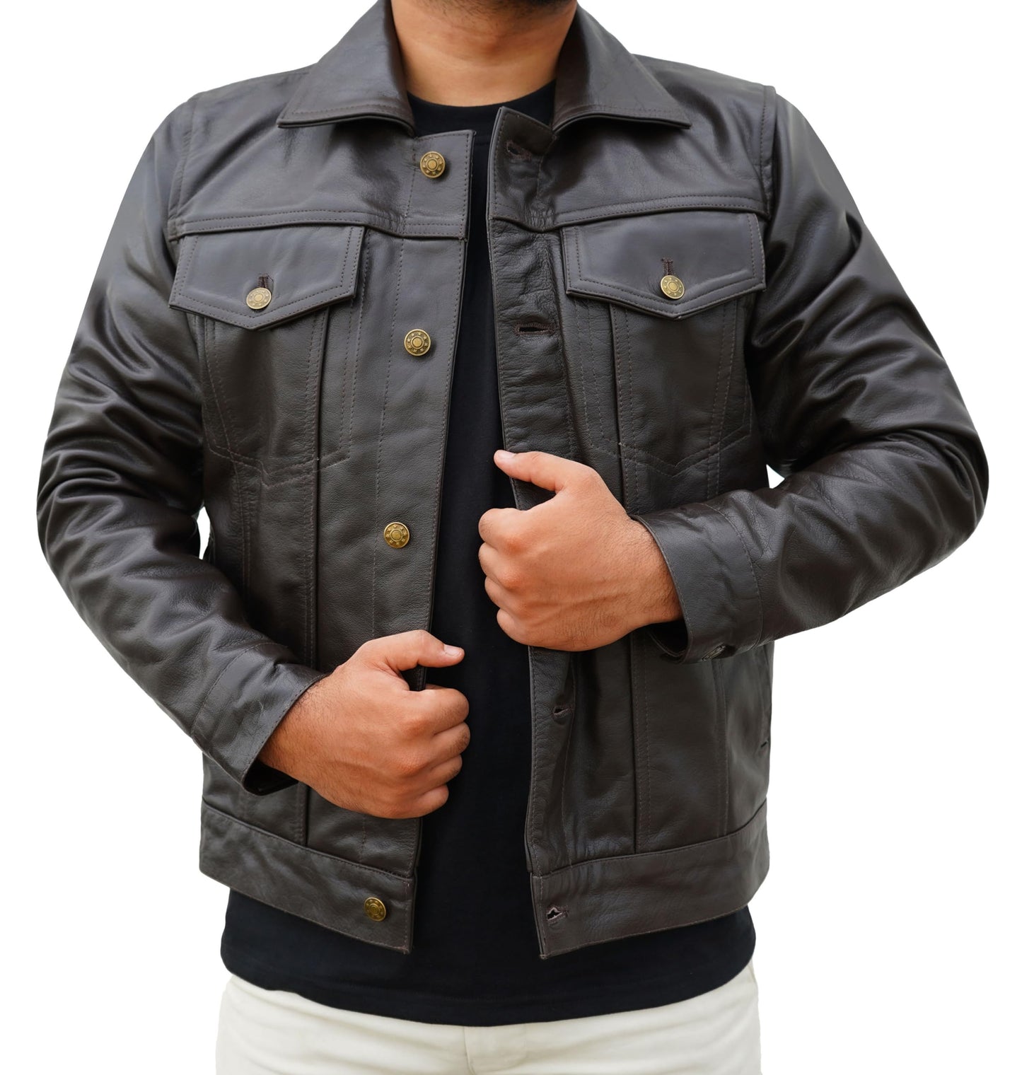 PPE FIT Real Lambskin Vintage Trucker Jacket Men - Motorcycle Fashion Leather Jacket Men,Shirt Collar Jackets For Mens (3XL, Dark Brown)