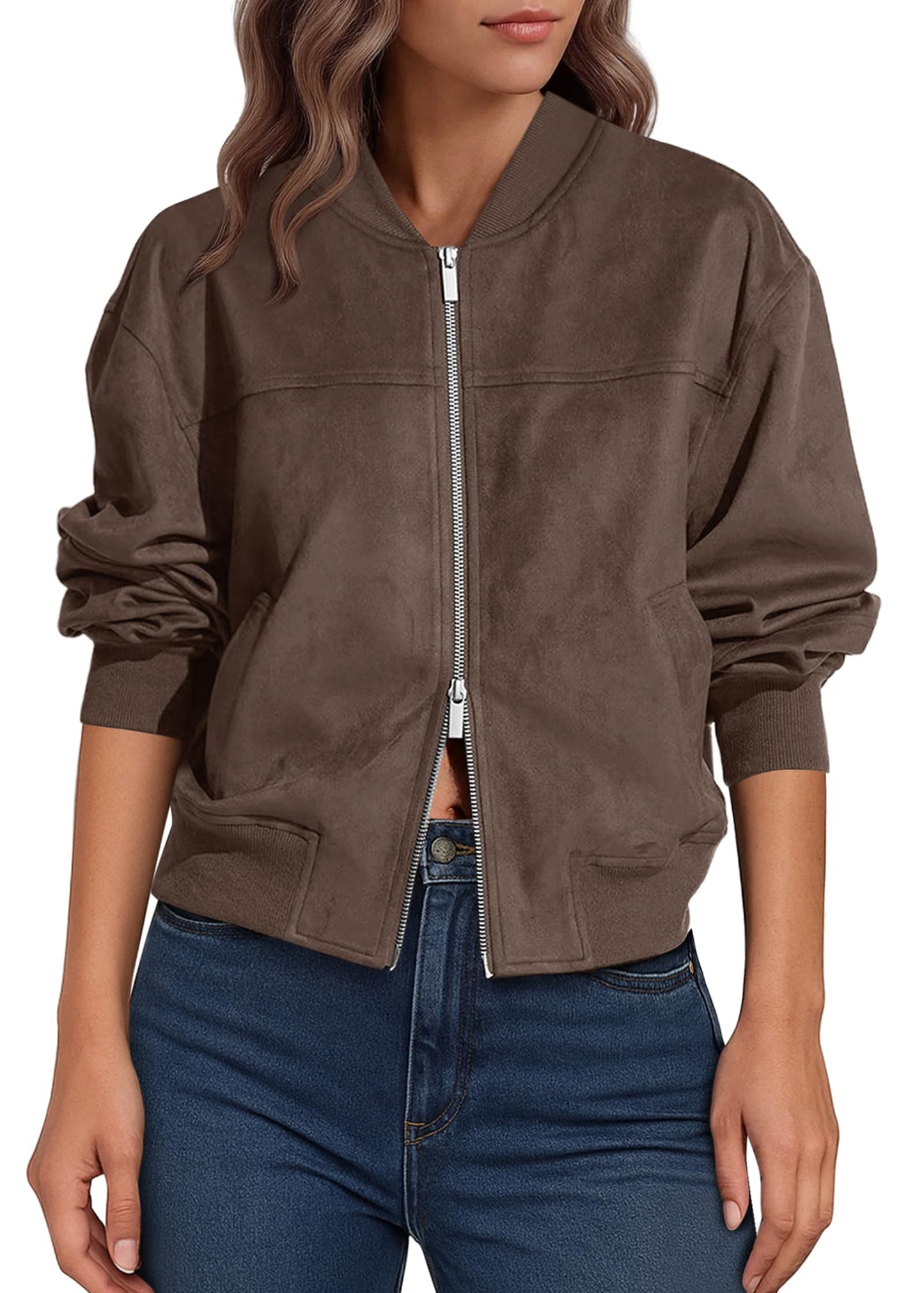 Lazysmile Women's Faux Suede Bomber Jackets Fall Fashion Outfits Winter Clothes Stand Collar Zip Up Coats Outwear with Pockets