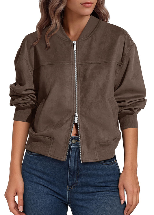 Lazysmile Women's Faux Suede Bomber Jackets Fall Fashion Outfits Winter Clothes Stand Collar Zip Up Coats Outwear with Pockets