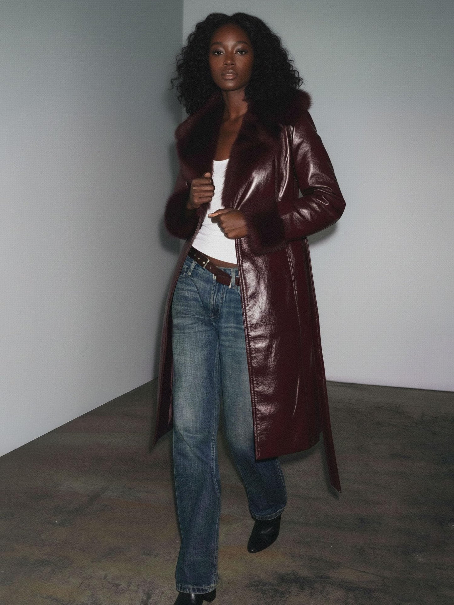 SS-Sunrise Fashion Women's Wine Red Faux Leather Coat with Faux Fur Collar, Long Sleeve Warm Winter Furry Trim Parka Coat with Belt (Small)